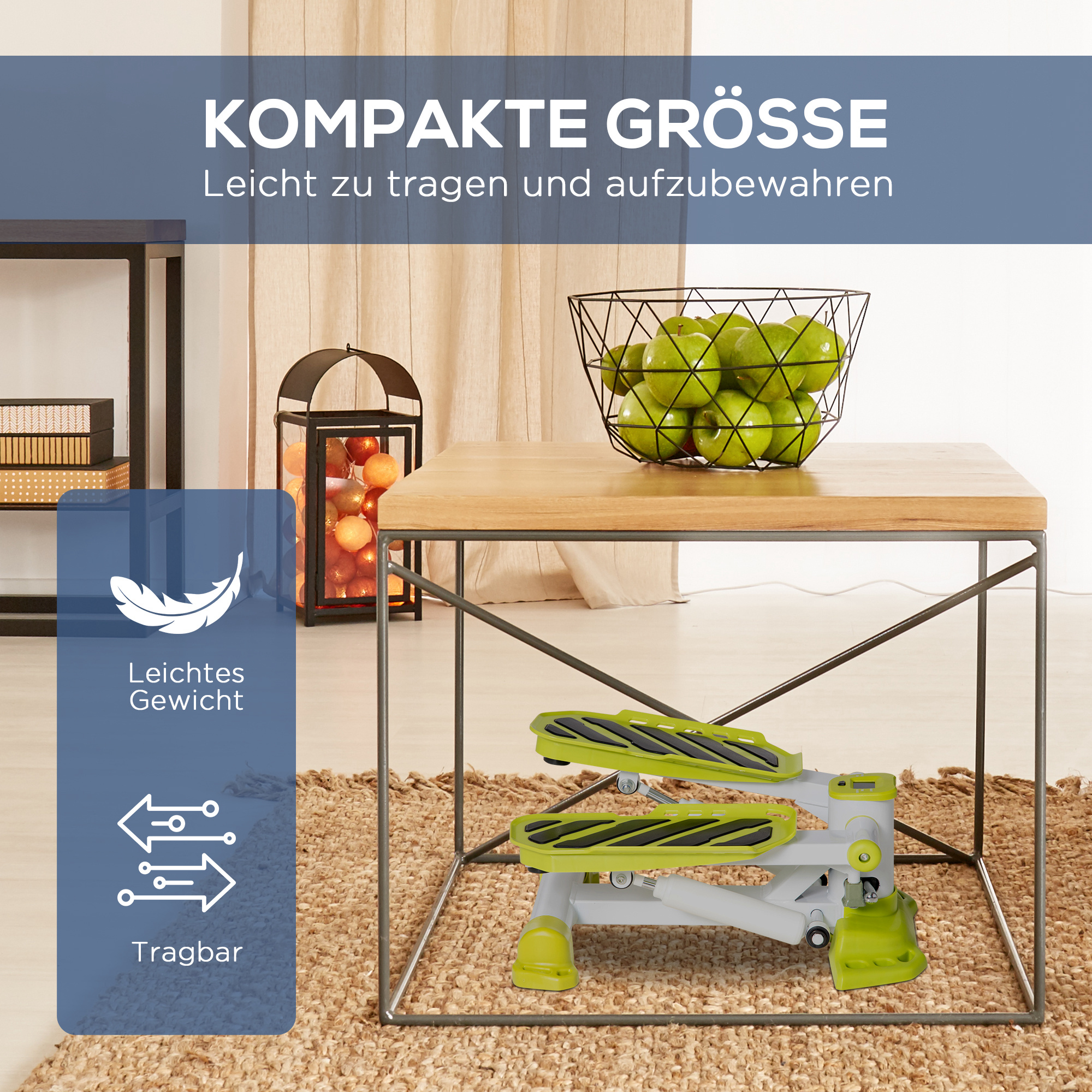 Eine Stepper-Maschine auf einem braunen Teppich mit einem Korb mit grünen Äpfeln und einem Beistelltisch.