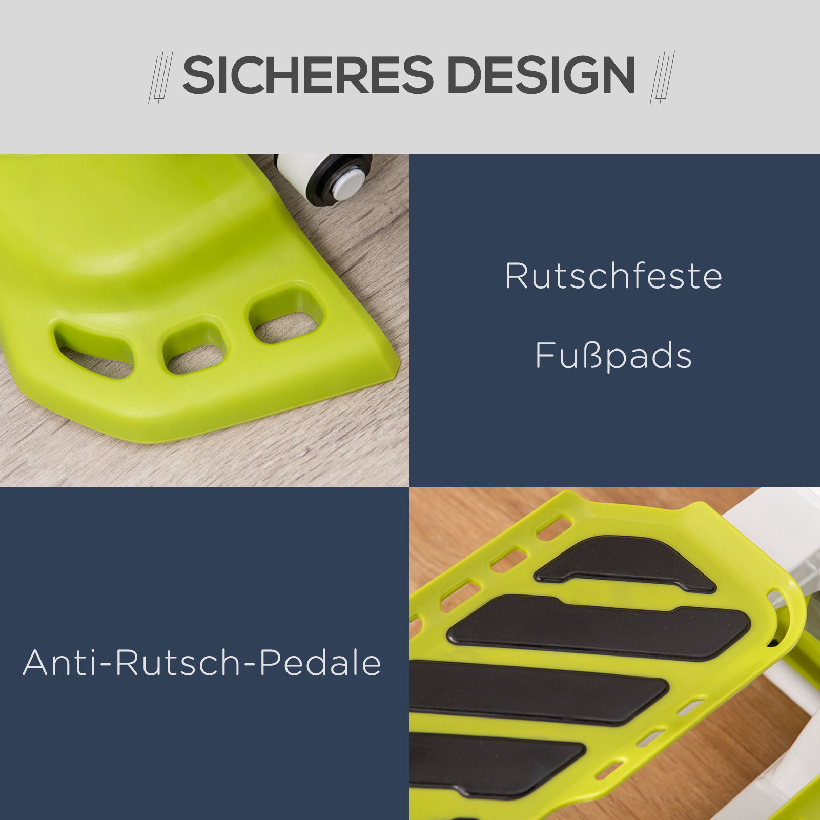 Nahaufnahme einer Stepper-Maschine mit grünen und schwarzen Fußpolstern und grünem Sockel.