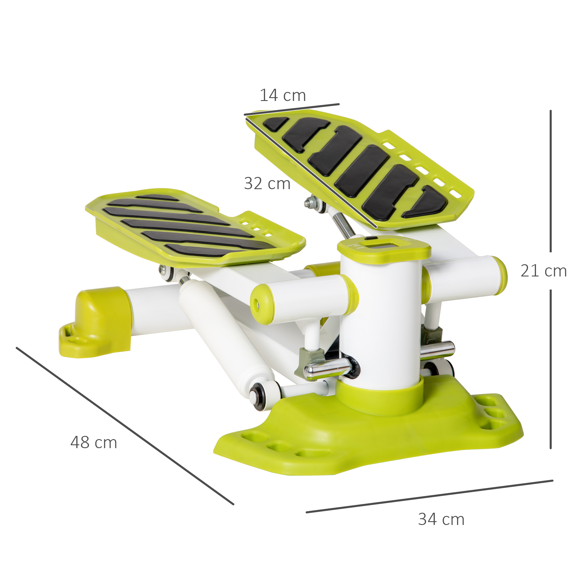 Ein Stepper mit den Maßen: 48 cm lang, 34 cm breit, 21 cm hoch und 14 cm Fußpolster.