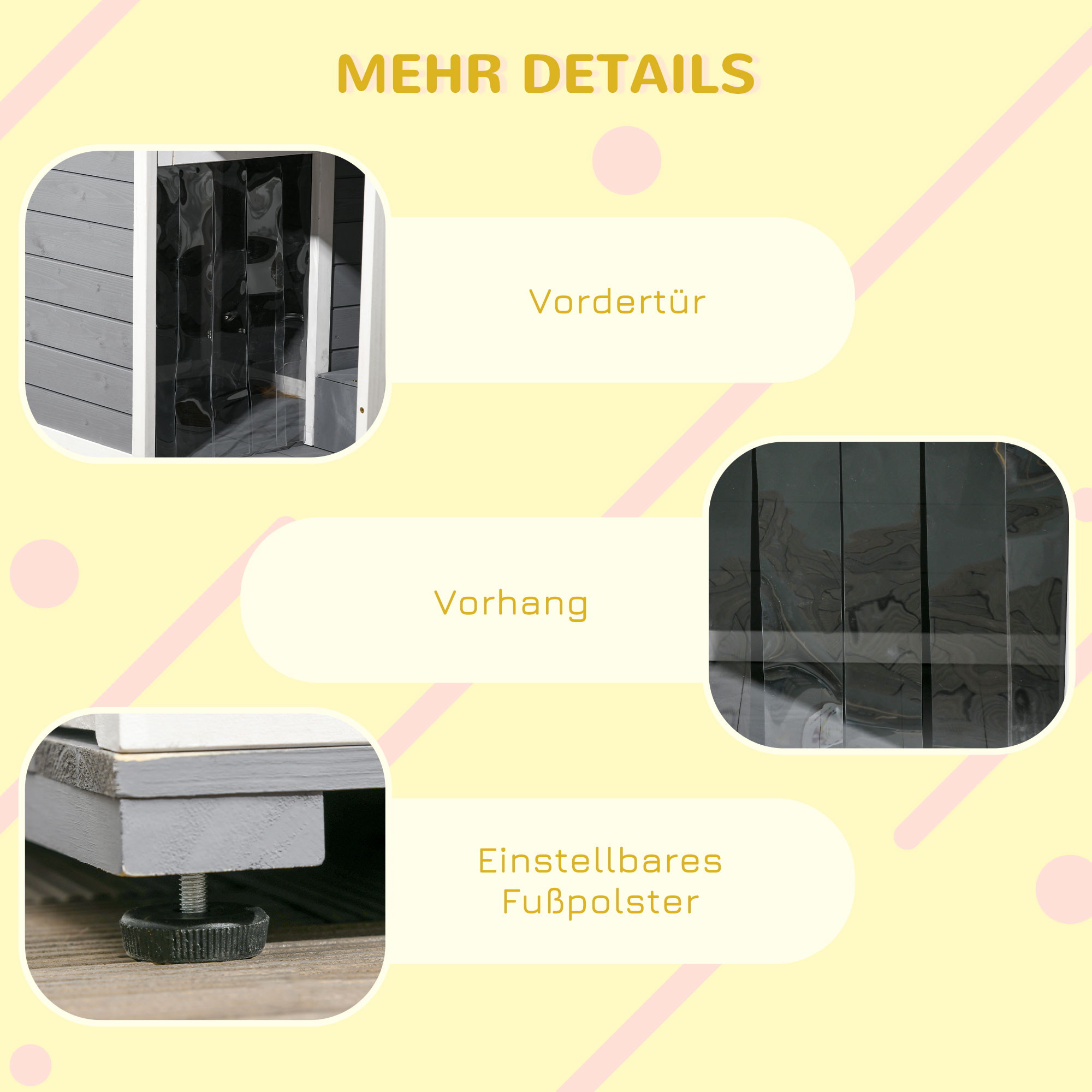 Nahaufnahmedetails des Hundehäuschens: Tür, Vorhang und verstellbare Fußstütze.