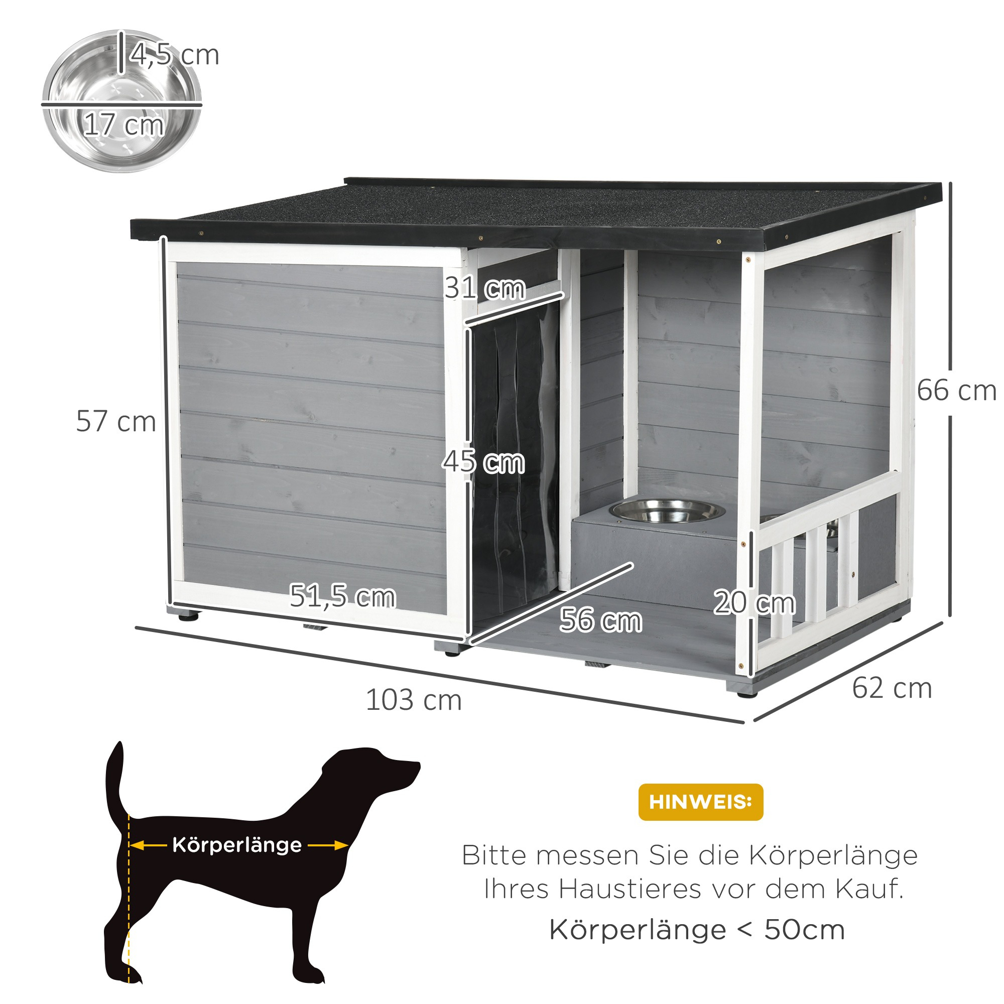 Holz-Hundehütte mit Abmessungen und einer Silhouette eines Hundes, der die Körperlänge angibt.