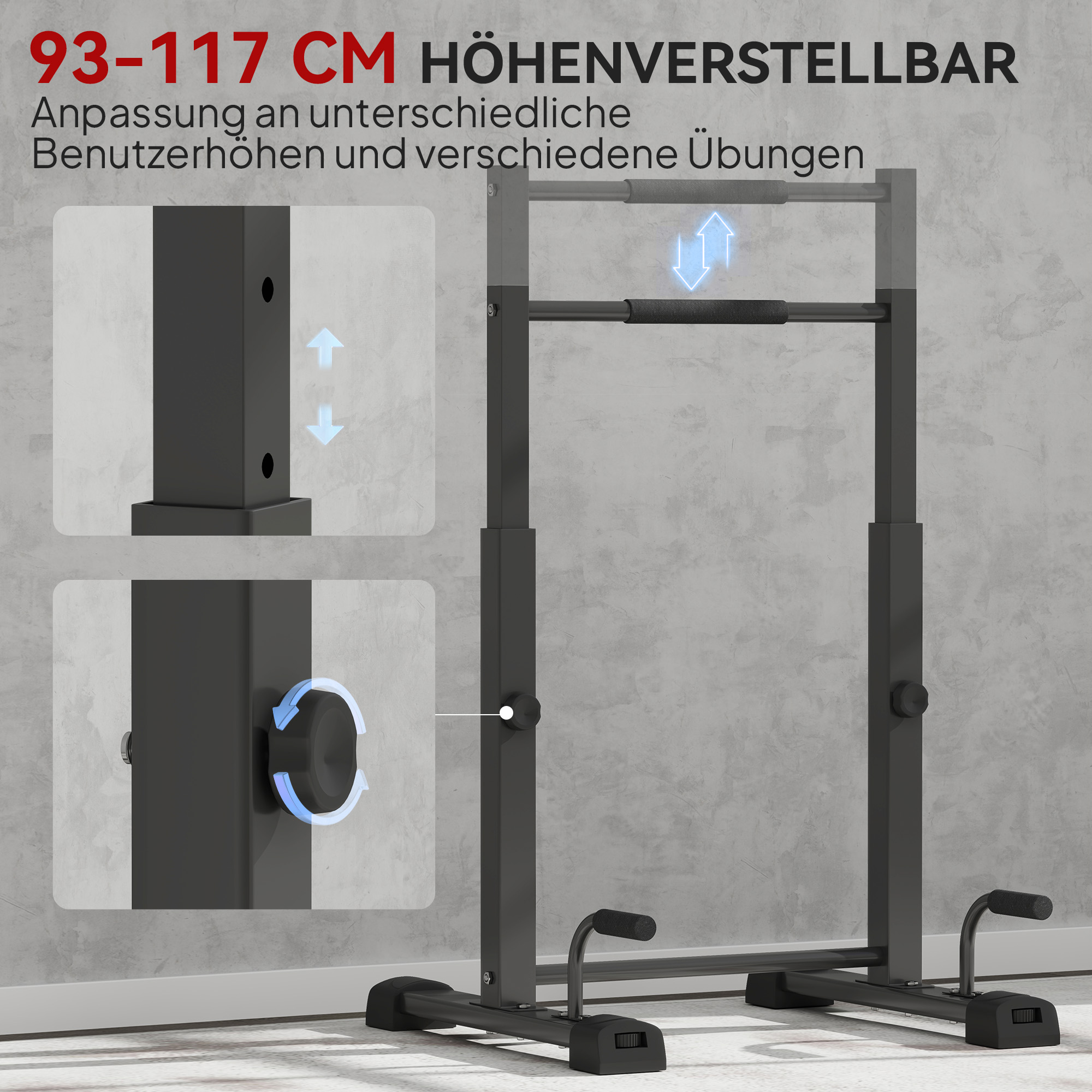 Eine Klimmzugstange mit einstellbaren Höhenoptionen. Sie wird mit Pfeilen zur Einstellung angezeigt.