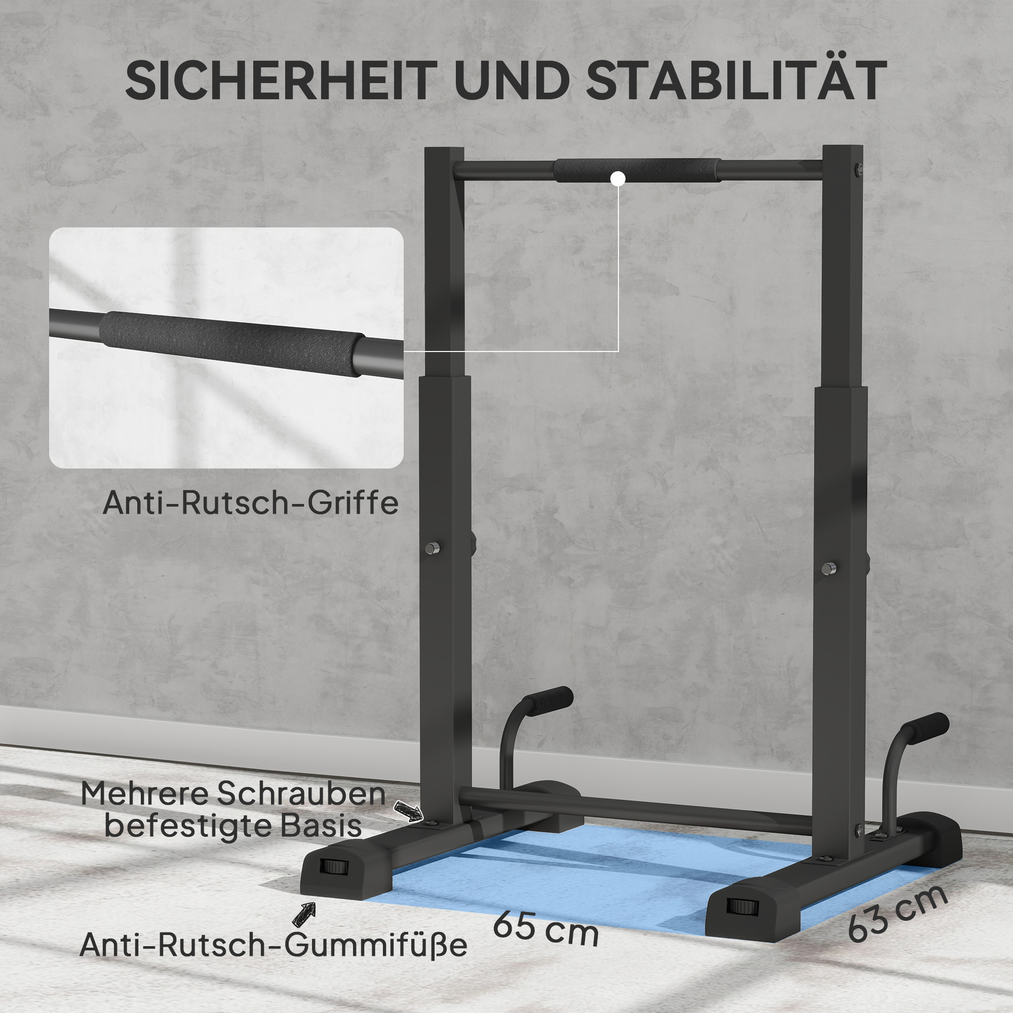 Schwarze Klimmzugstange mit Anti-Rutsch-Griffen und Gummifüßen. Hintergrund hellblau.