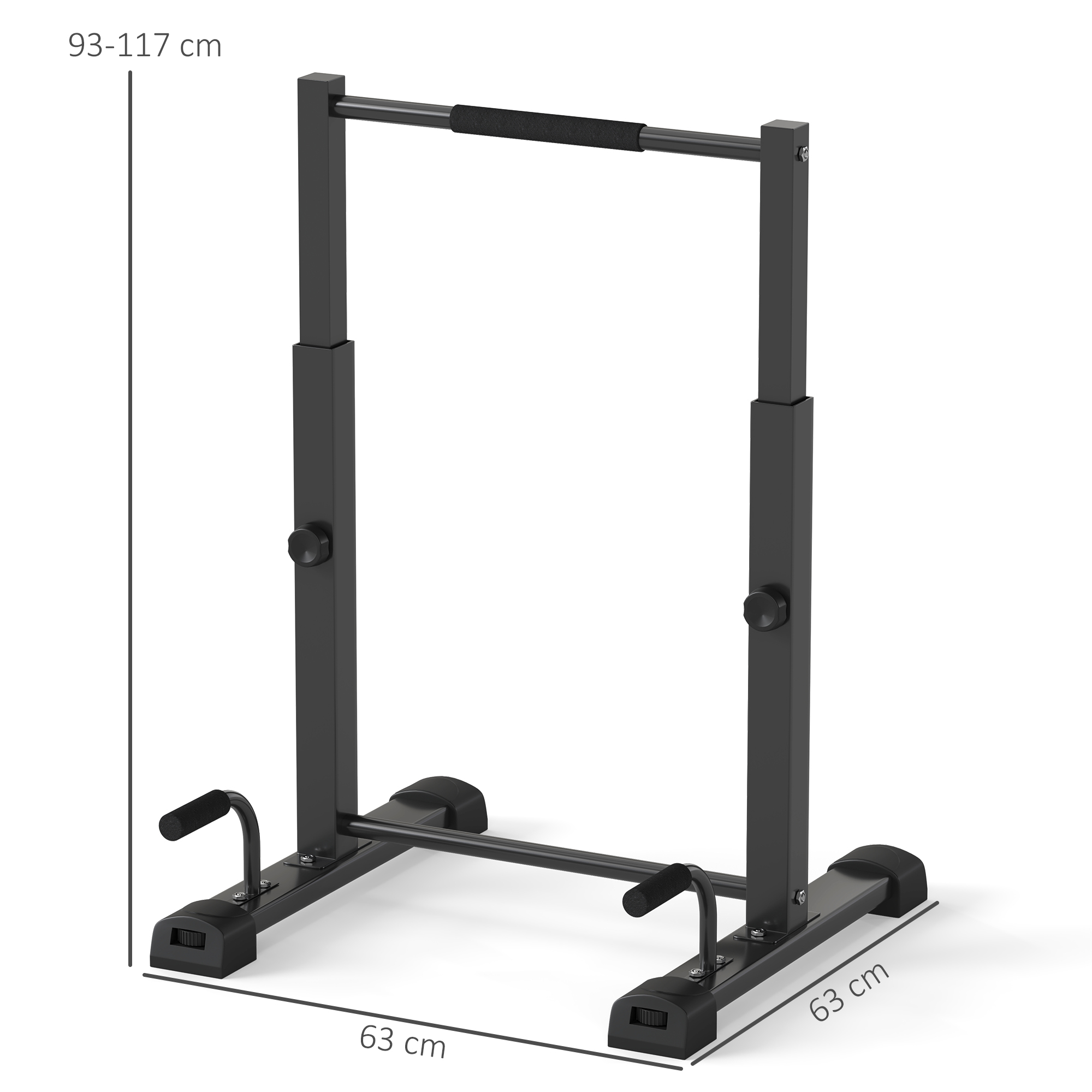 Schwarze Klimmzugstange. Höhenverstellbar. Maße: 93-117 cm Höhe, 63 cm Breite.