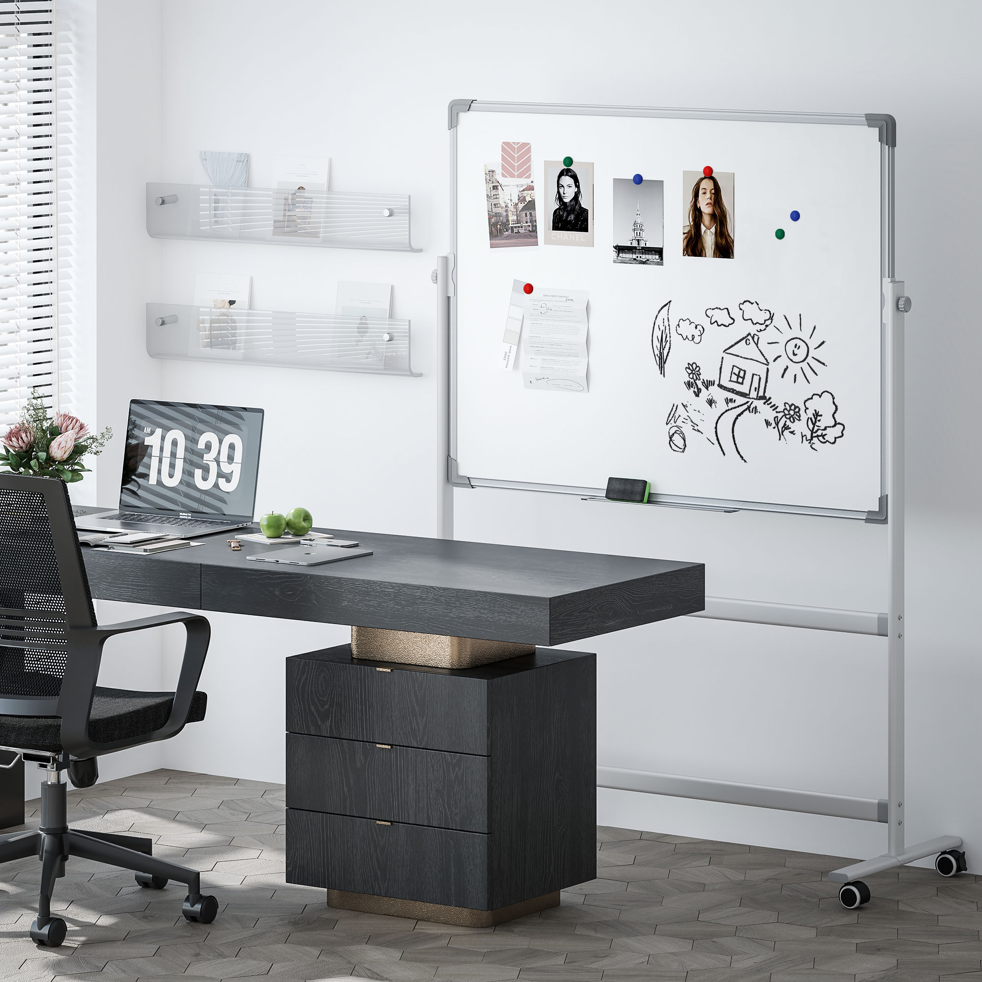 Oficina moderna con escritorio, portátil y pizarra con dibujos.