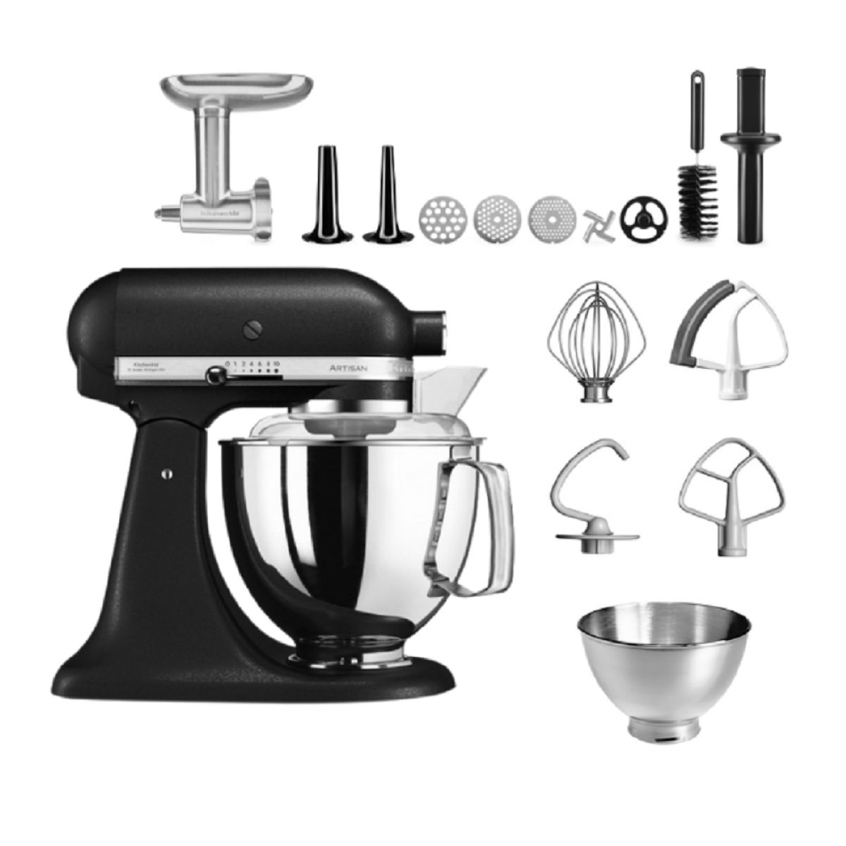 Schwarzer Küchenmixer mit Aufsätzen, einschließlich Reibe und Schneebesen.