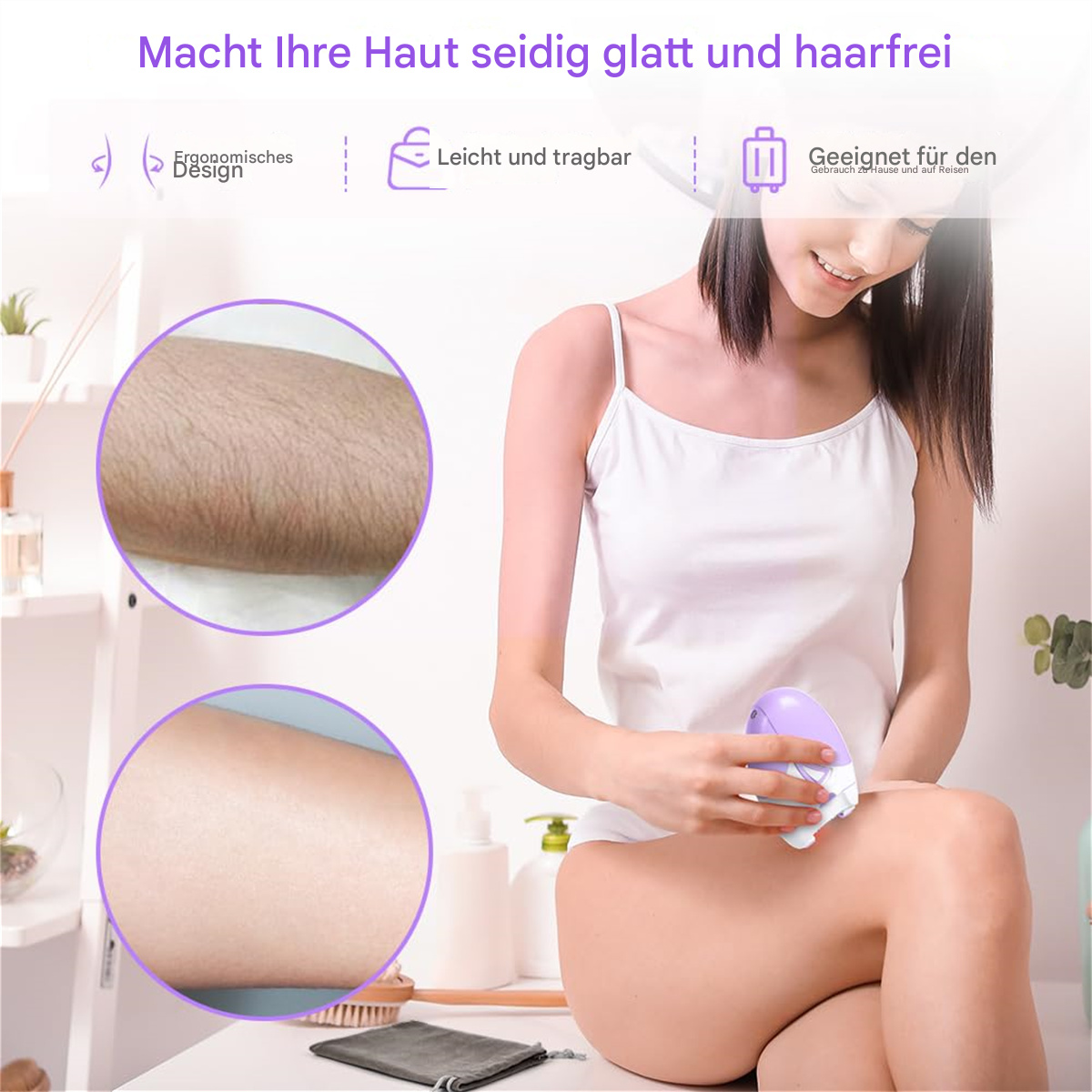 Eine Frau epiliert ihr Bein. Ein Diagramm zeigt Vorher-Nachher-Haarentfernung. Das Bild hat Text.