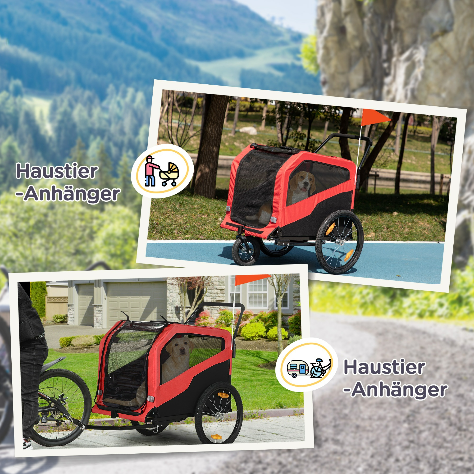 Hundeanhänger, rot und schwarz, mit einem Beagle darin, in einer Collage dargestellt.
