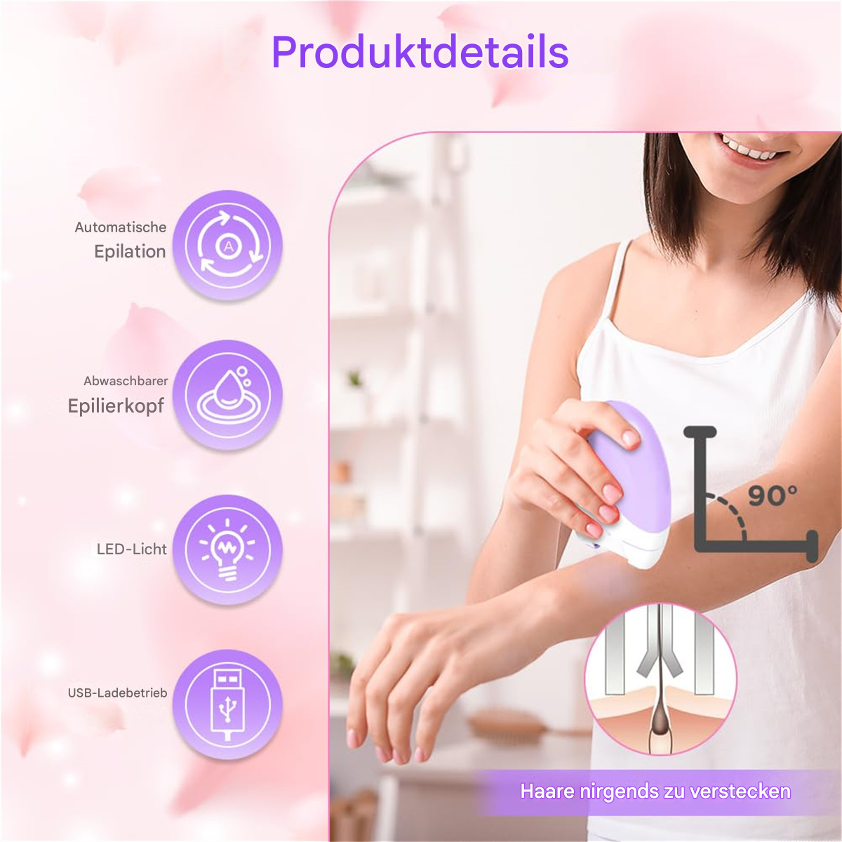 Frau benutzt einen lila Epilierer. Symbole zeigen automatische Epilation, waschbaren Kopf, LED-Licht und USB-Aufladung.