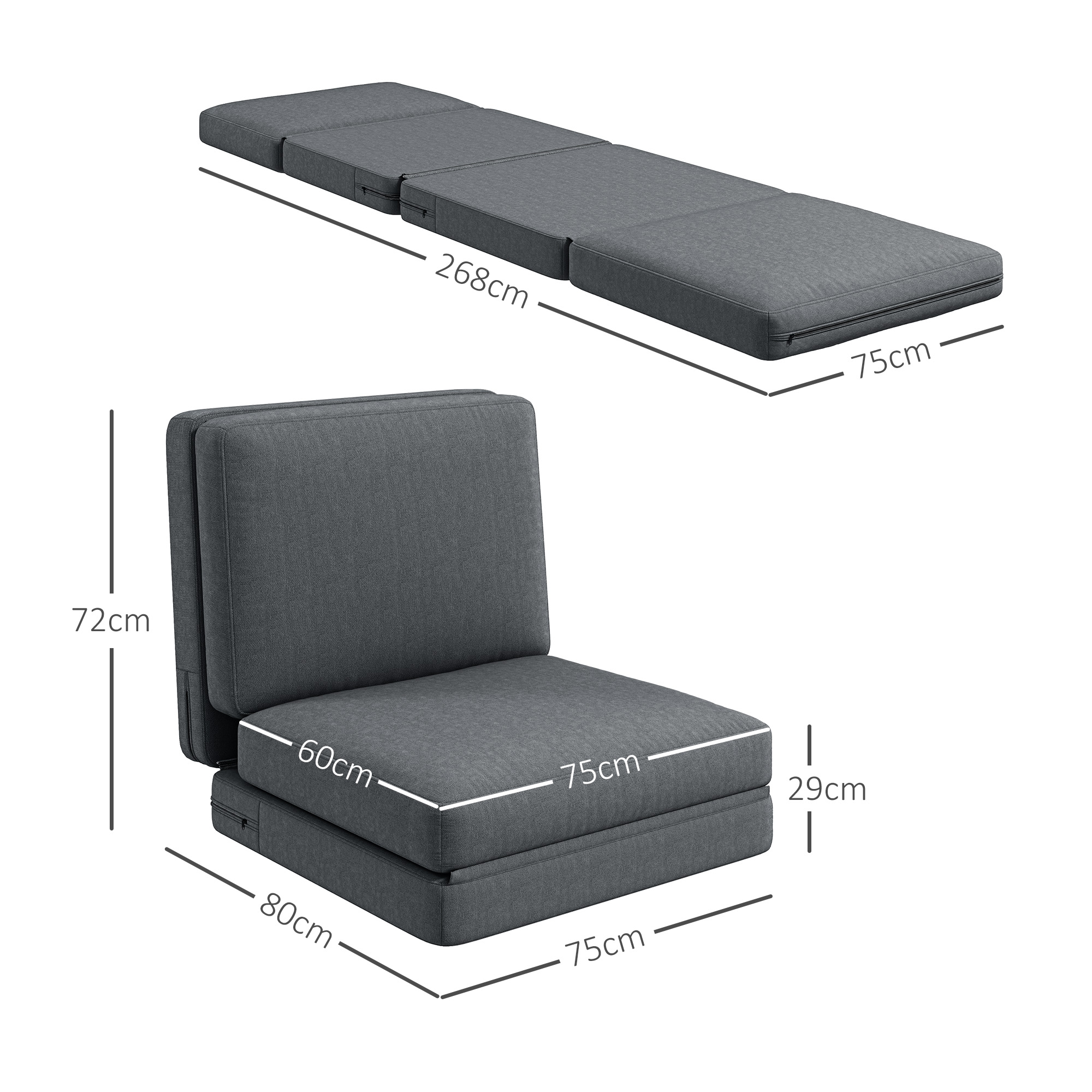 Diagramm, das ein Sofa zeigt, das in ein Bett umgewandelt werden kann. Abmessungen sind in cm und Zoll angegeben.