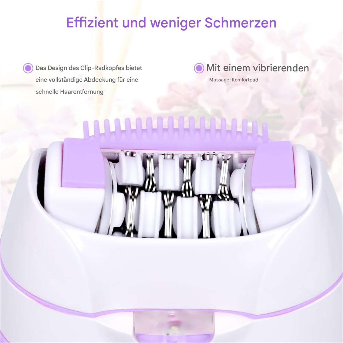Nahaufnahme eines Epiliererkopfes mit lila und weißen Details.