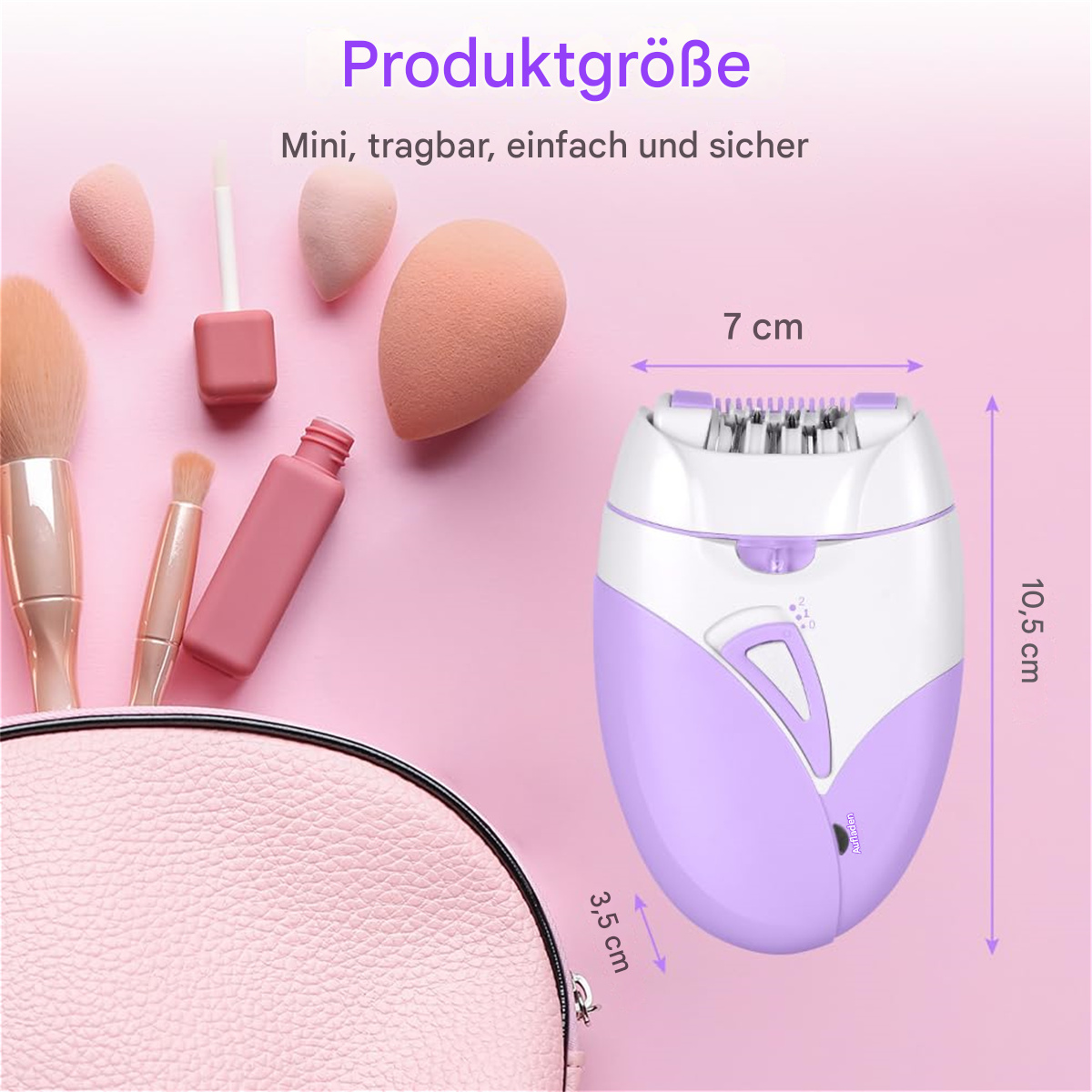 Epilierer mit Abmessungen, auf rosa Hintergrund mit Make-up.