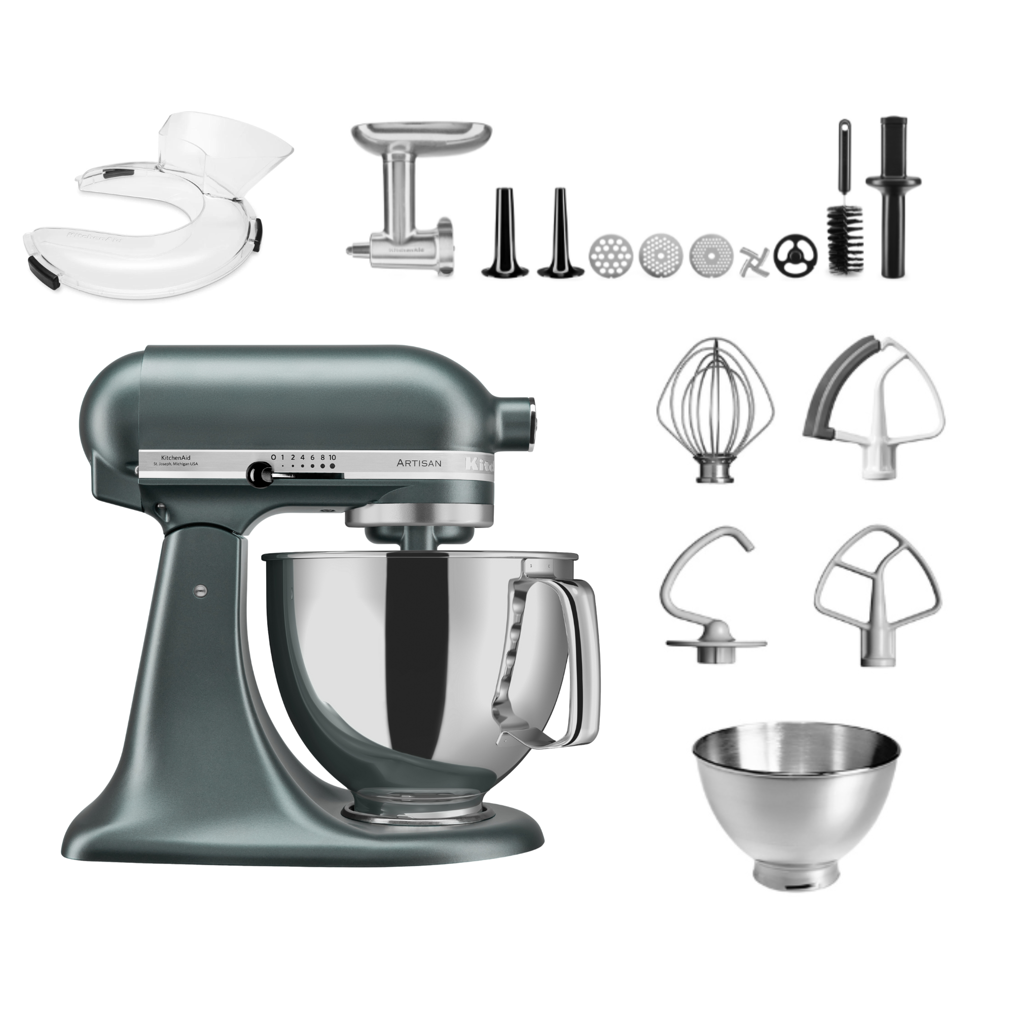 Ein tealfarbener KitchenAid-Küchenmixer mit Aufsätzen, einschließlich Fleischwolf und Rührbesen, auf weißem Hintergrund.