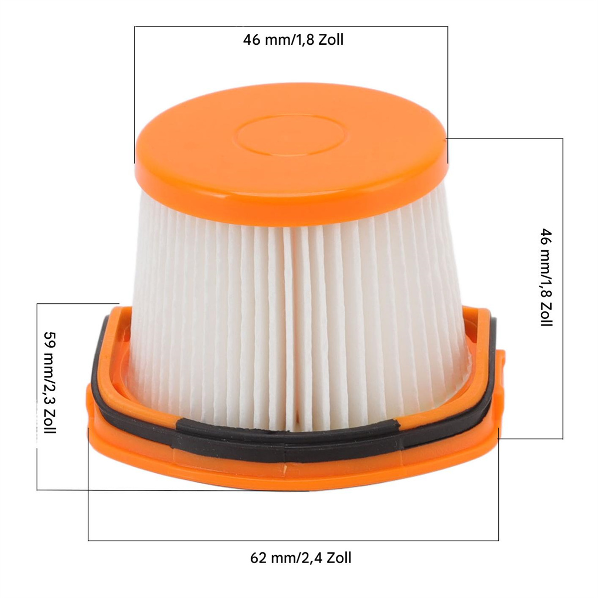Nahaufnahme eines Filters mit Messungen in Millimetern und Zoll. Der Filter hat einen orangefarbenen Rand und ein weißes Innere.