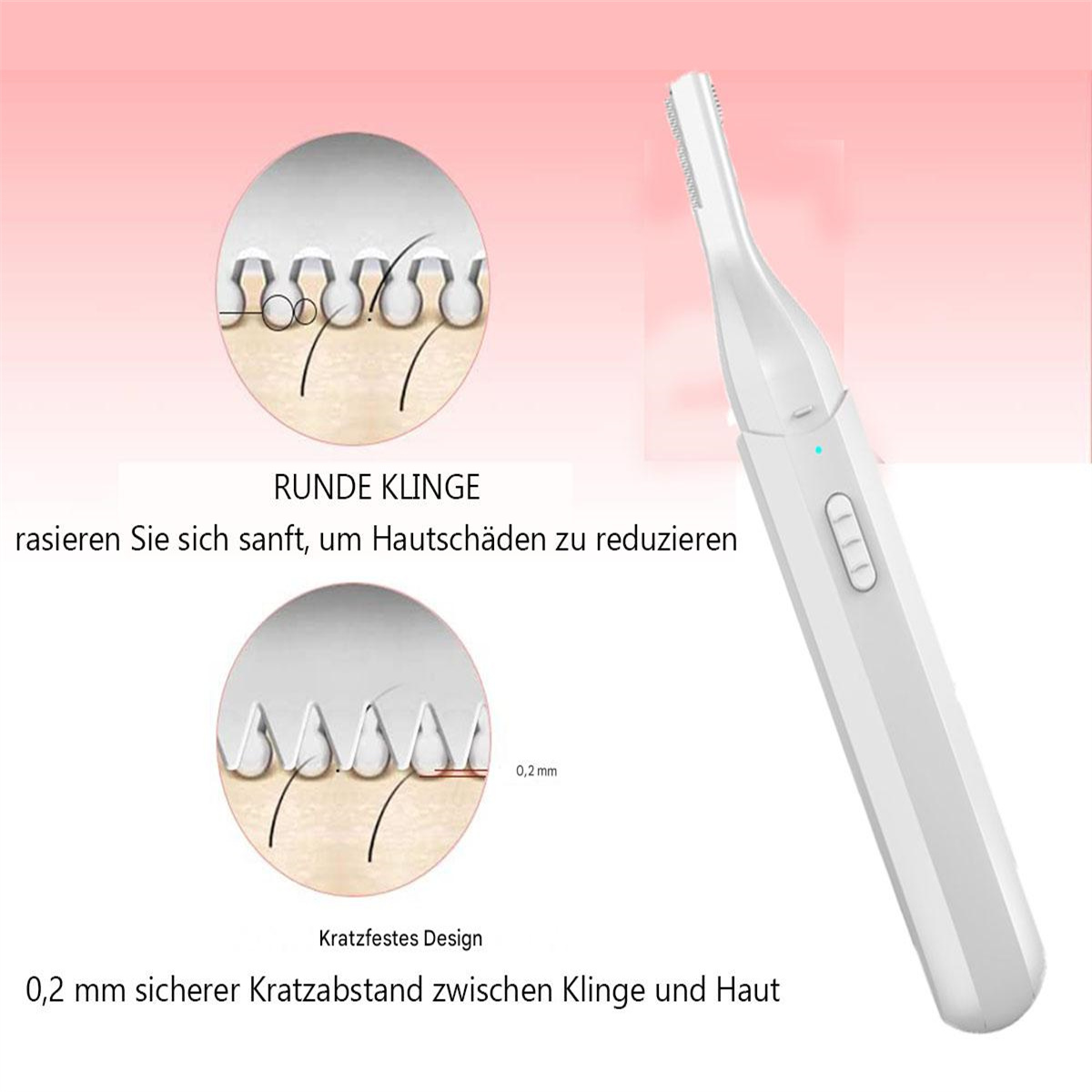 Ein weißer Rasierer ist im Bild, mit Texten und Diagrammen, die die Eigenschaften und Vorteile des Rasierers erklären.