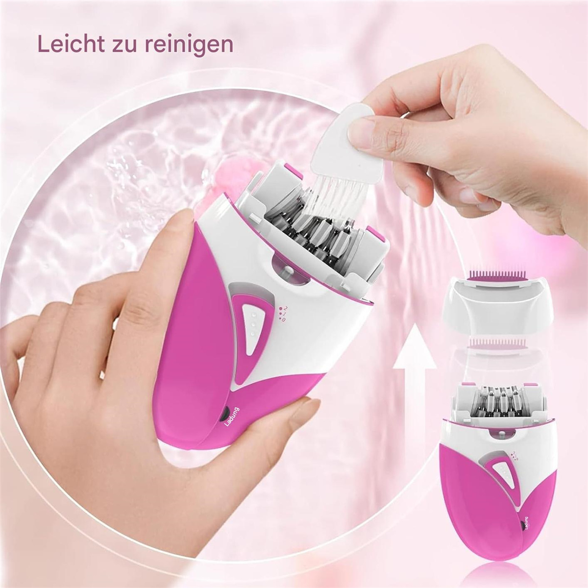 Eine Frau zerlegt einen Epilierer. Das Gerät ist rosa und weiß mit einer Abbildung seiner Teile.