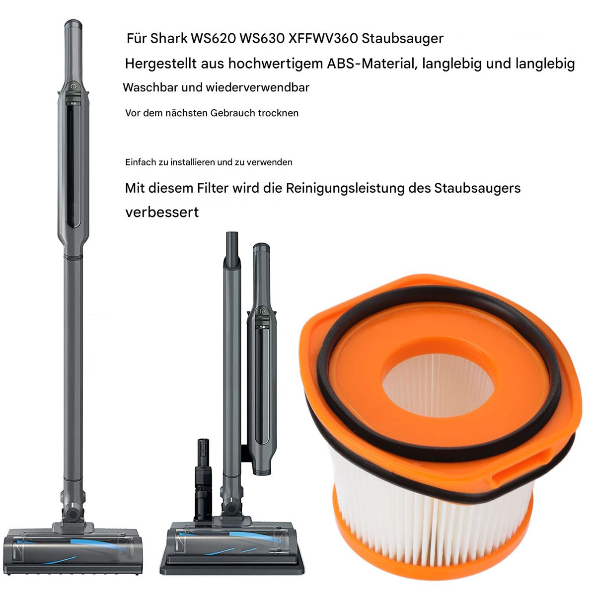 Ein Bild zeigt einen Staubsauger mit seinen Teilen und einem Filter. Der Filter hat einen orangefarbenen Rand und einen weißen Filter.