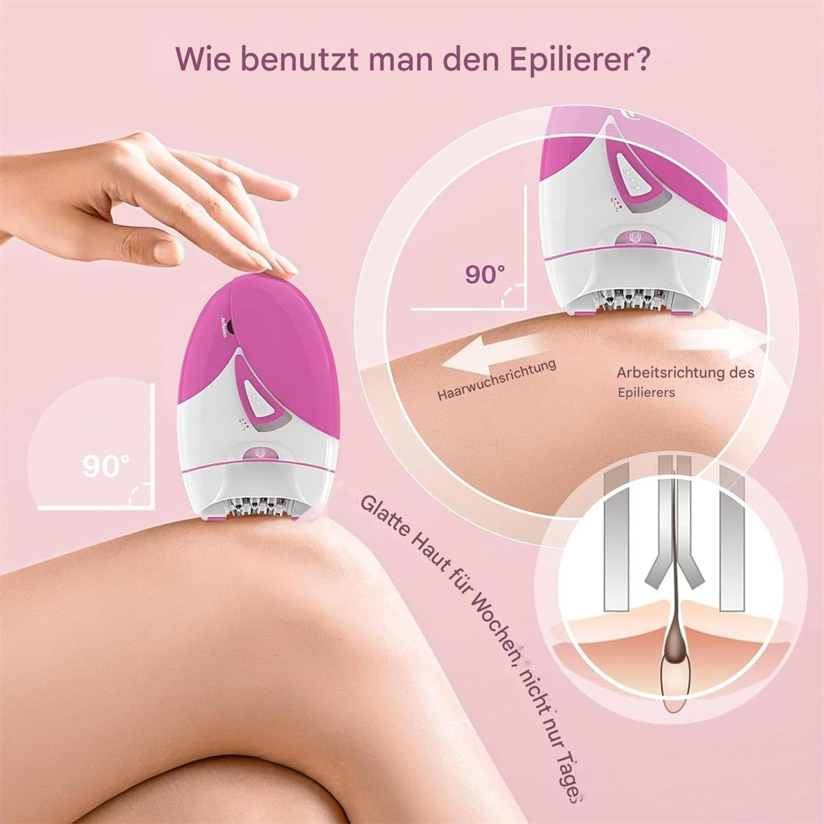 Ein Bild, das zeigt, wie man einen Epilierer am Bein verwendet. Ein Diagramm zeigt die Richtung des Haarwuchses.