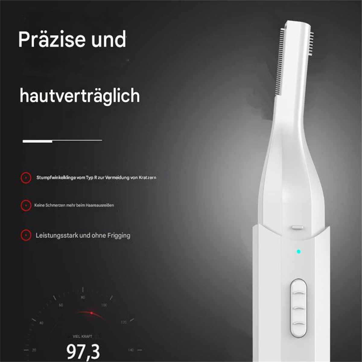 Ein weißes Gerät wird mit Text angezeigt. Es hat eine Leistungsanzeige mit 97,3 und einen Rasiererkopf.