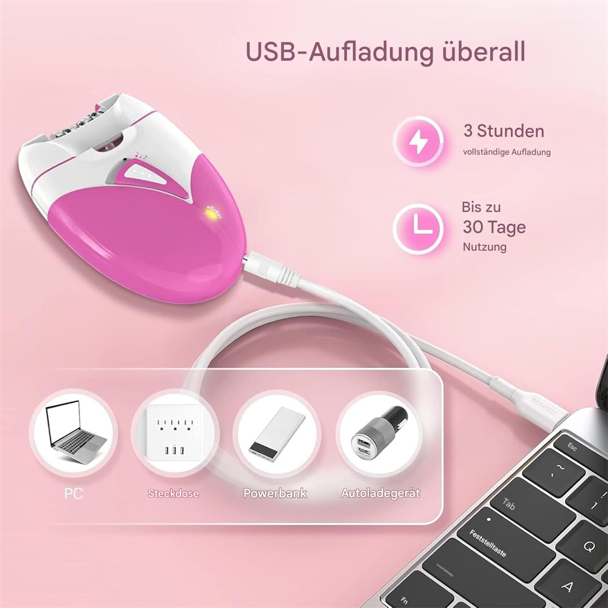 Rosa und weißer Epilierer mit USB-Aufladung. Zeigt Ladeoptionen und -zeit an.