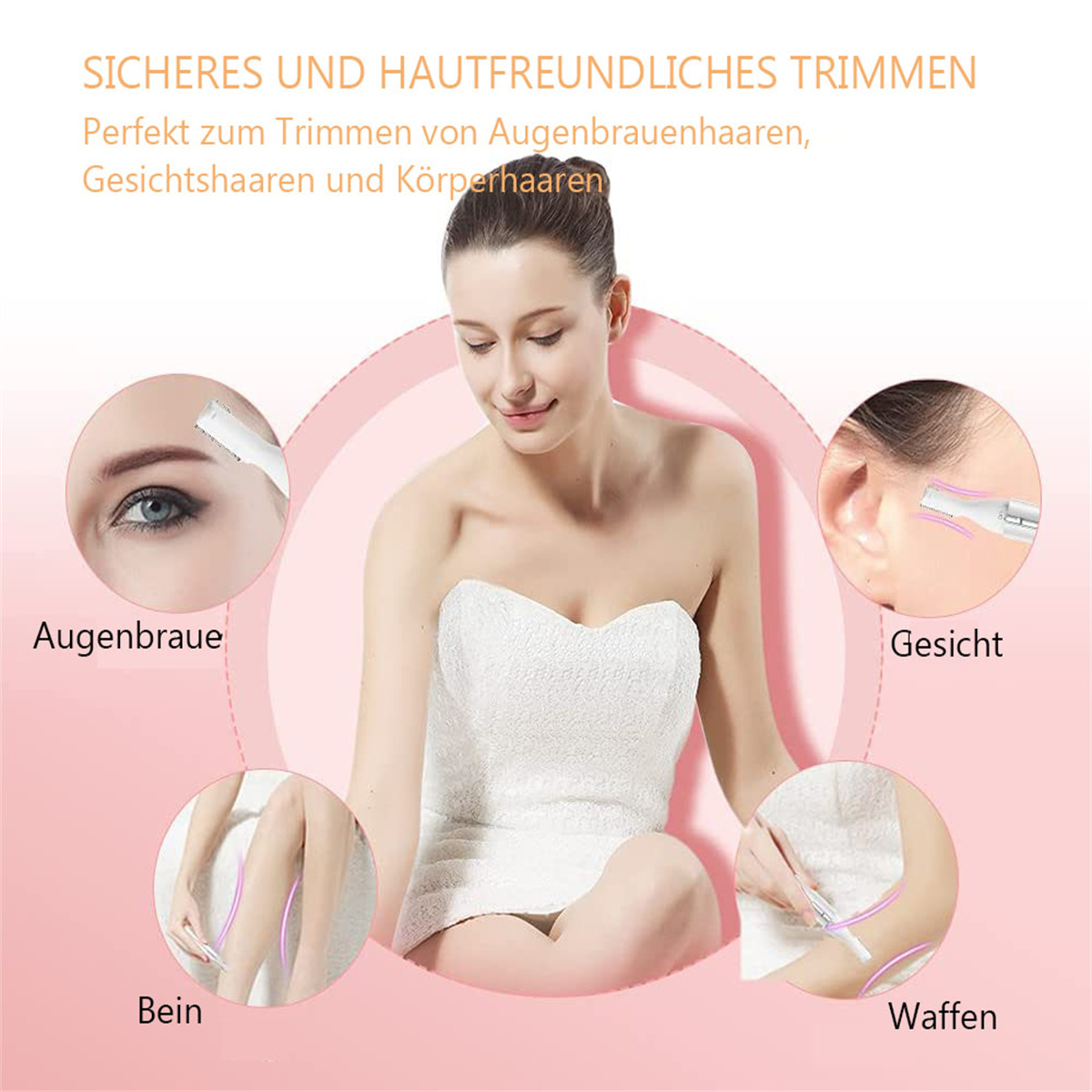 Eine Frau demonstriert die Verwendung eines Trimmers an verschiedenen Teilen ihres Gesichts und Körpers. Das Bild hat Diagramme.