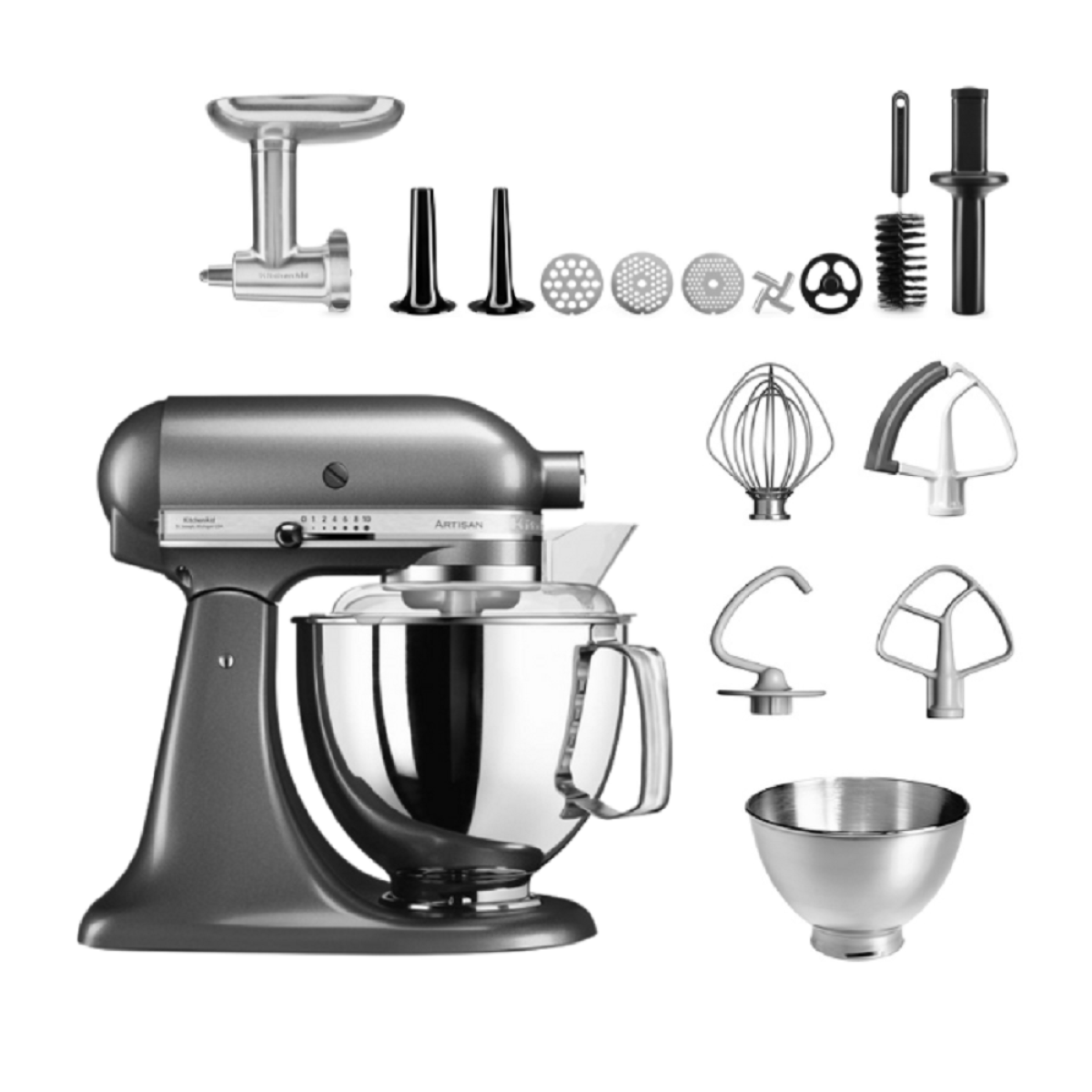 Ein grauer KitchenAid-Küchenmixer mit Aufsätzen, einschließlich Fleischwolf und Rührbesen, auf weißem Hintergrund.