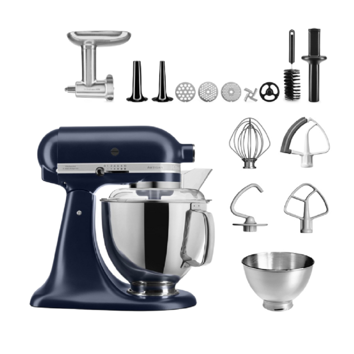 Ein dunkelblauer KitchenAid-Küchenmixer mit Aufsätzen, einschließlich Fleischwolf und Rührbesen, auf weißem Hintergrund.