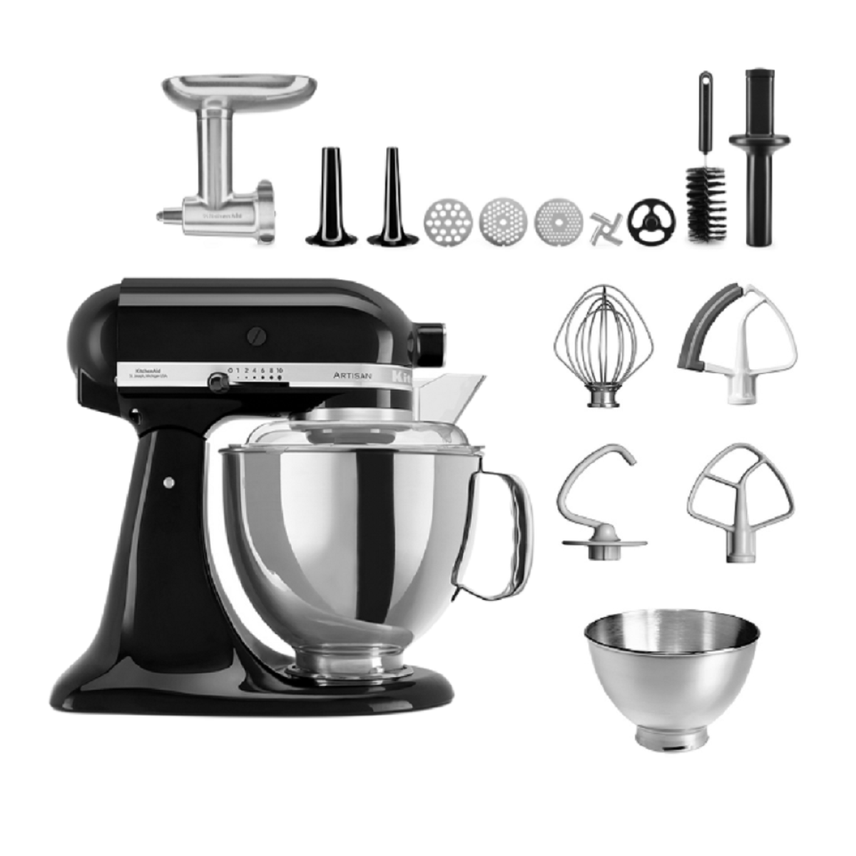 Ein schwarzer KitchenAid-Küchenmixer mit Aufsätzen, einschließlich Fleischwolf und Rührbesen, auf weißem Hintergrund.