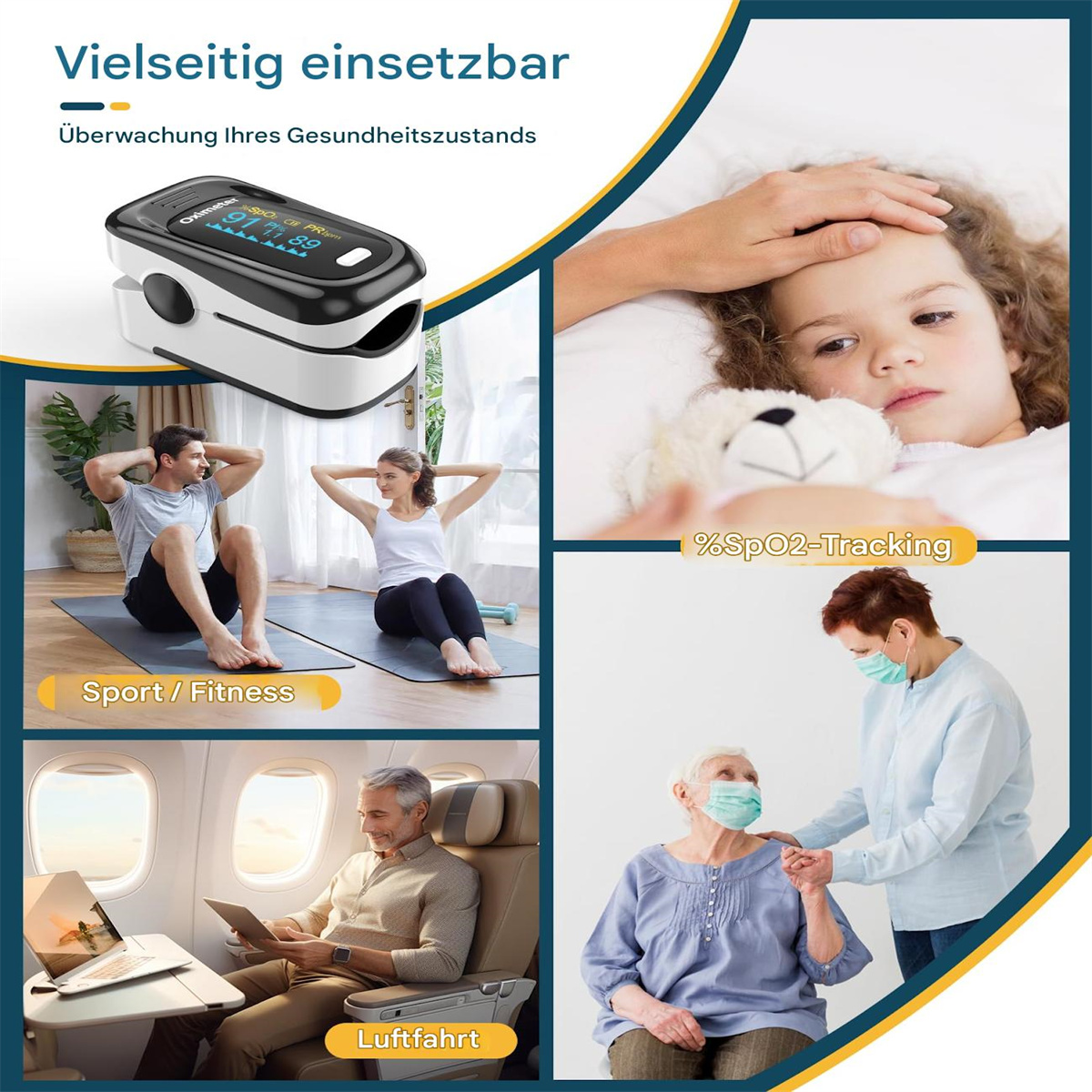 Collage zeigt Gesundheitsüberwachung, ein fieberndes Mädchen, Sportler und einen Flugpassagier.