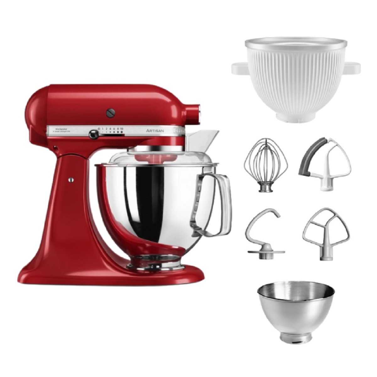 Roter KitchenAid-Küchenmixer mit Aufsätzen: Schneebesen, Knethaken, Flachrührer und Eismaschine.