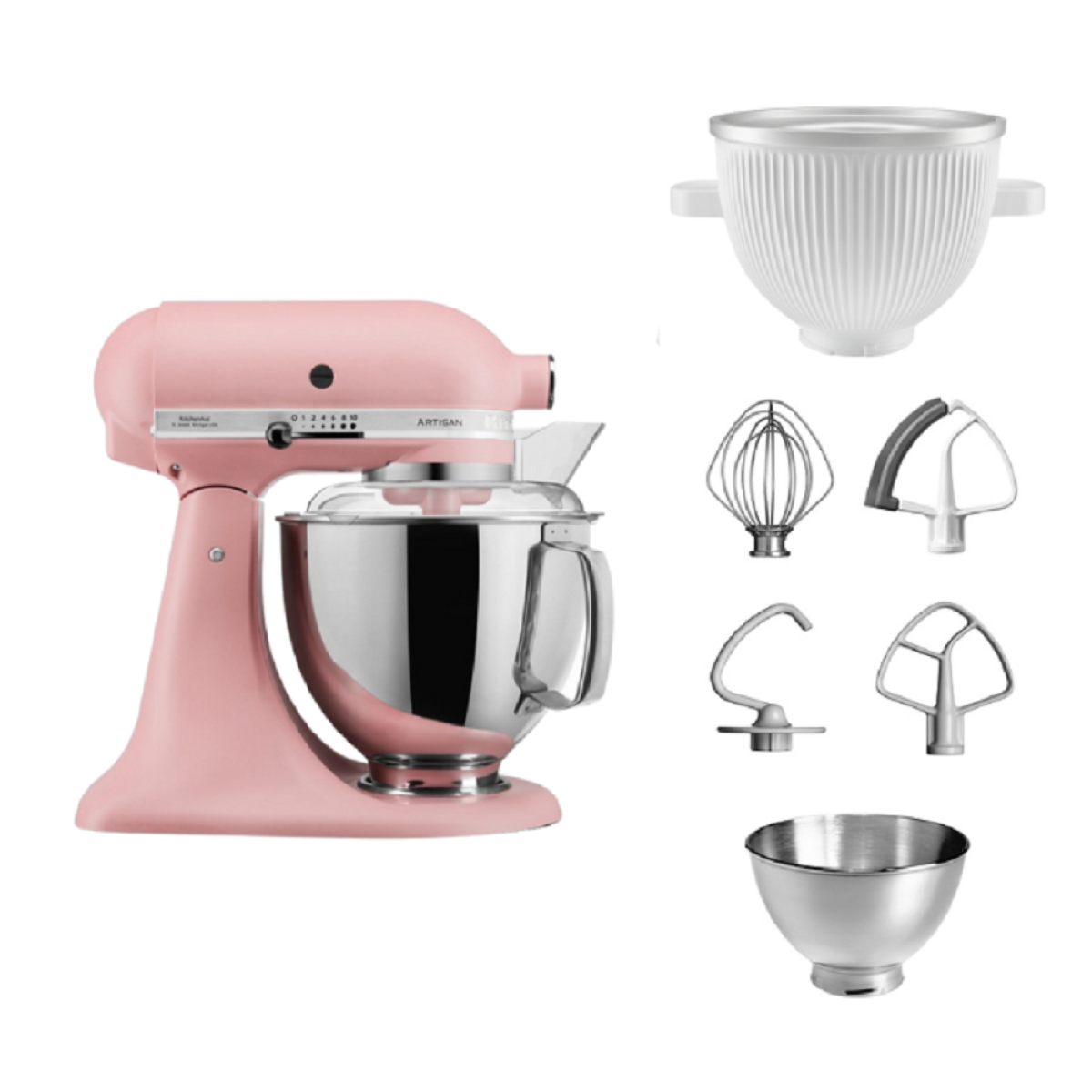 Rosafarbener KitchenAid-Küchenmixer mit Aufsätzen: Schneebesen, Knethaken, Flachrührer und Eismaschine.