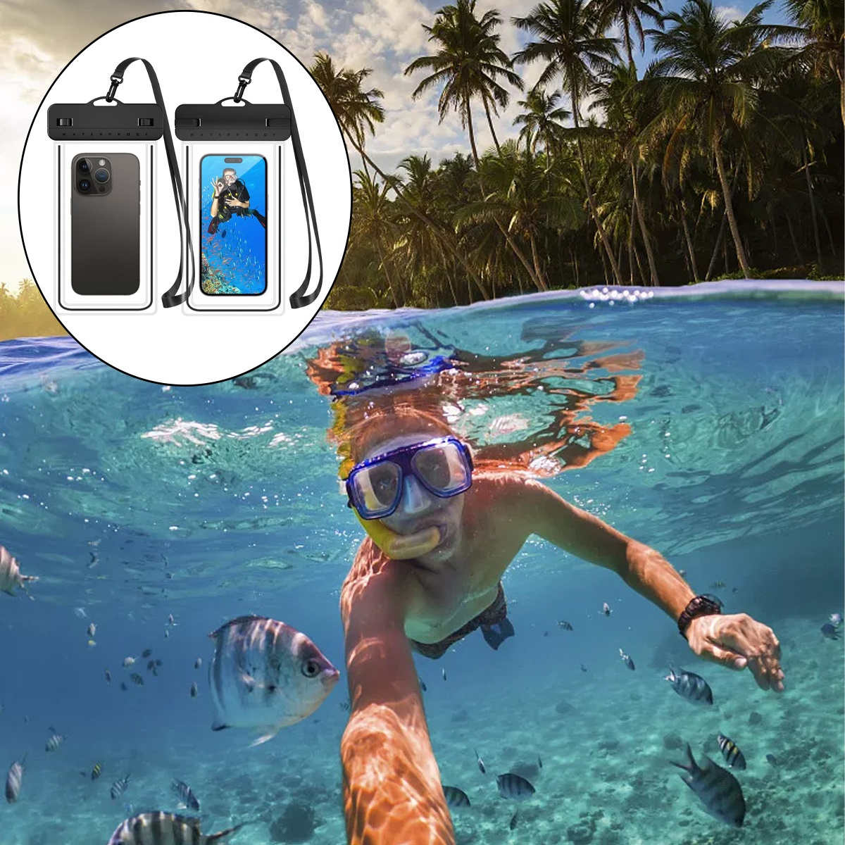 Eine Person schnorchelt unter Wasser mit Maske und Flossen, Fische und tropischer Hintergrund.