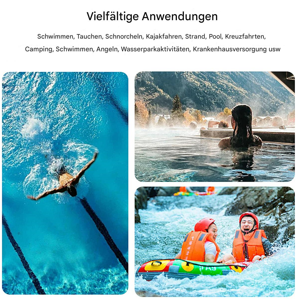 Drei Bilder: Schwimmer, Person in der heißen Quelle und Leute beim Rafting, die verschiedene Aktivitäten zeigen.