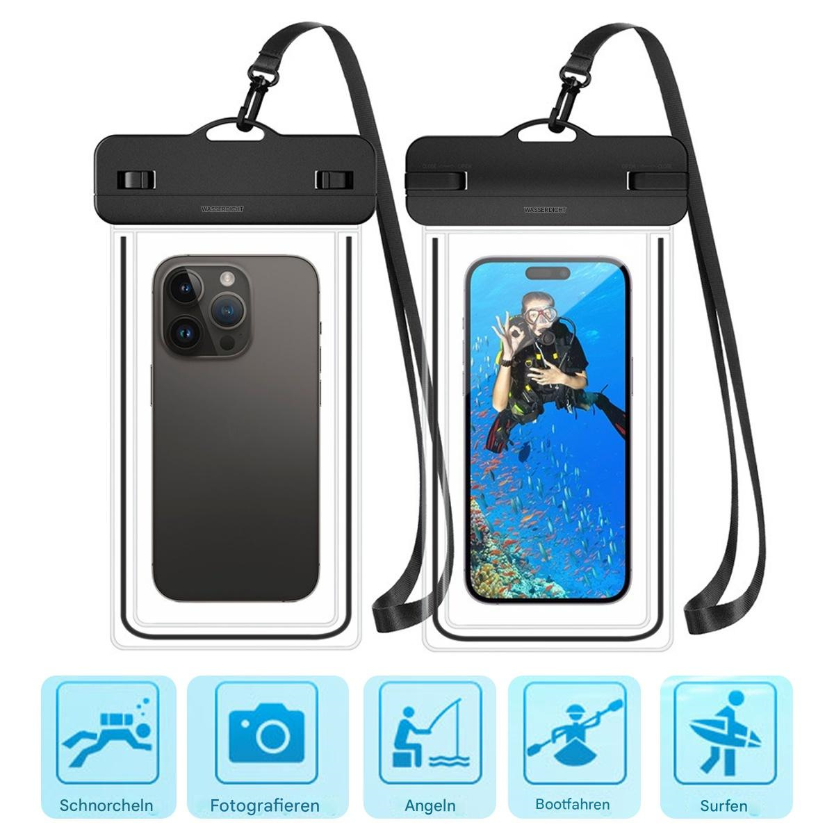 Zwei wasserdichte Handyhüllen, eine mit Telefon und eine mit Taucher, mit Aktivitäts-Icons.