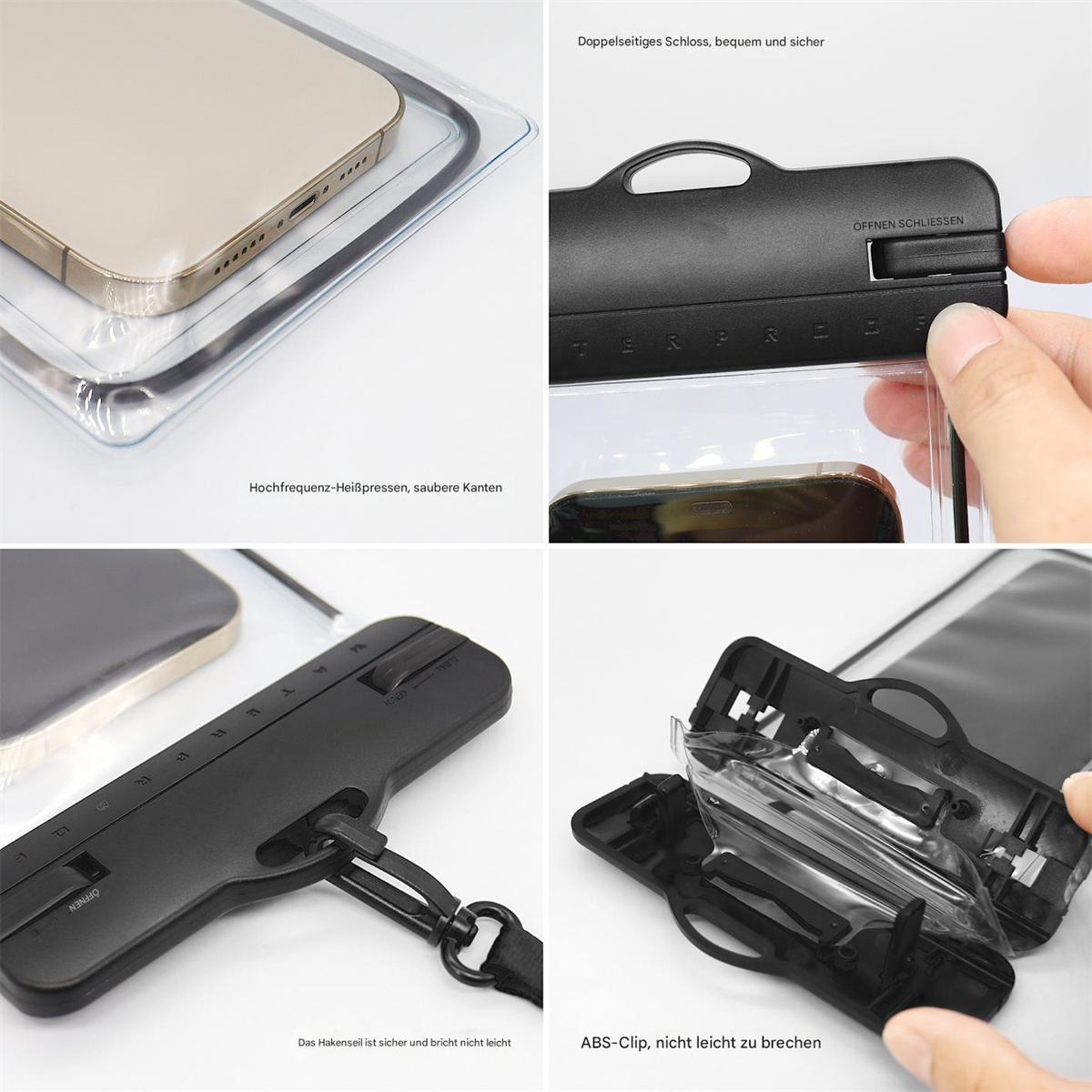 Details einer wasserdichten Handyhülle: Handy innen, Nahaufnahme des Verschlusses und Clip-Details.