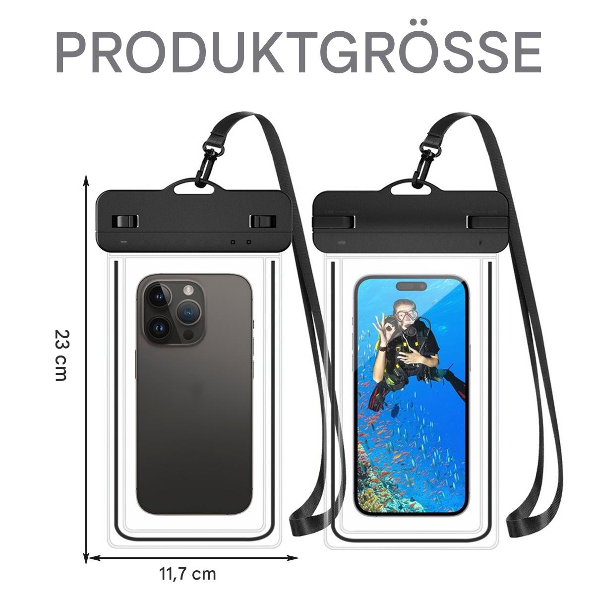 Zwei wasserdichte Handyhüllen, eine mit Handy und eine mit Taucher, mit Maßen.