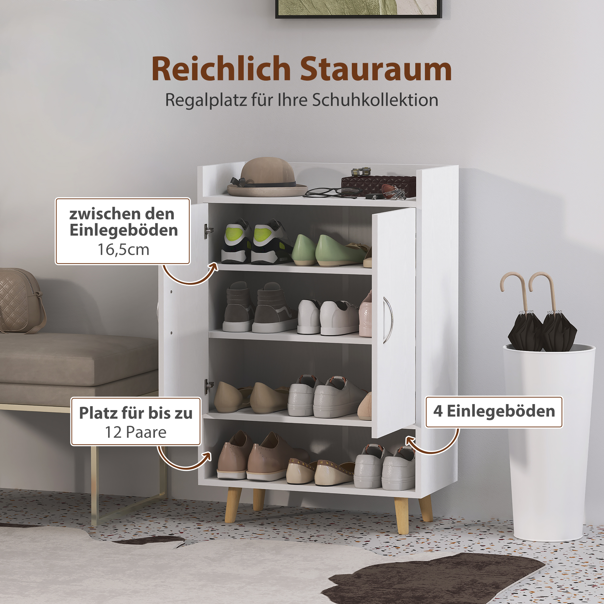 Weißer Schuhschrank mit Schuhen darin. Hat offene Türen und beschriftete Fächer. Schuhe sind sichtbar.