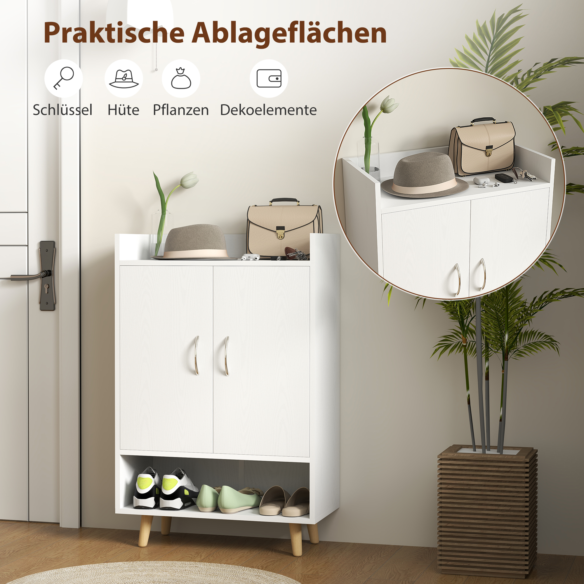 Weißer Schrank mit Regal, zwei Türen und oberem Regal, mit Zubehör auf Display.