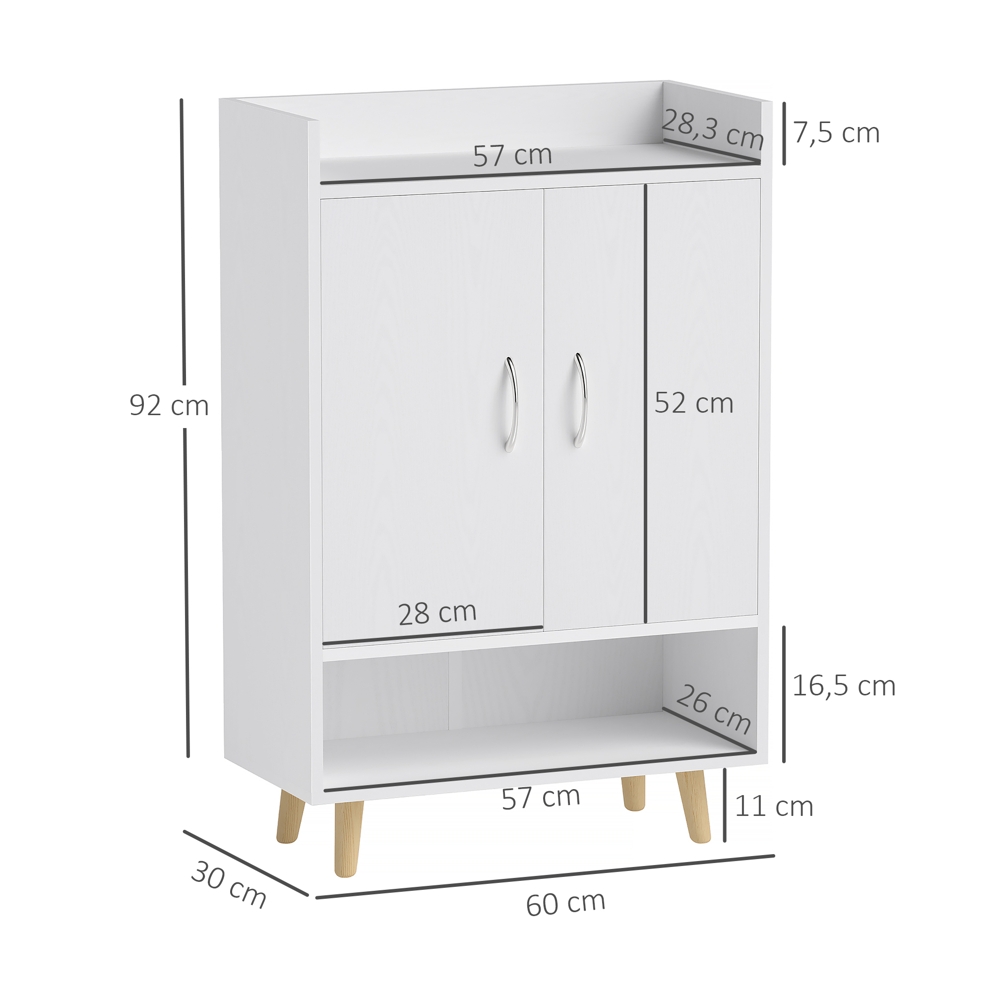 Ein weißer Schrank mit zwei Türen, einem Regal und Beinen. Abmessungen sind auf dem Schrank gekennzeichnet.
