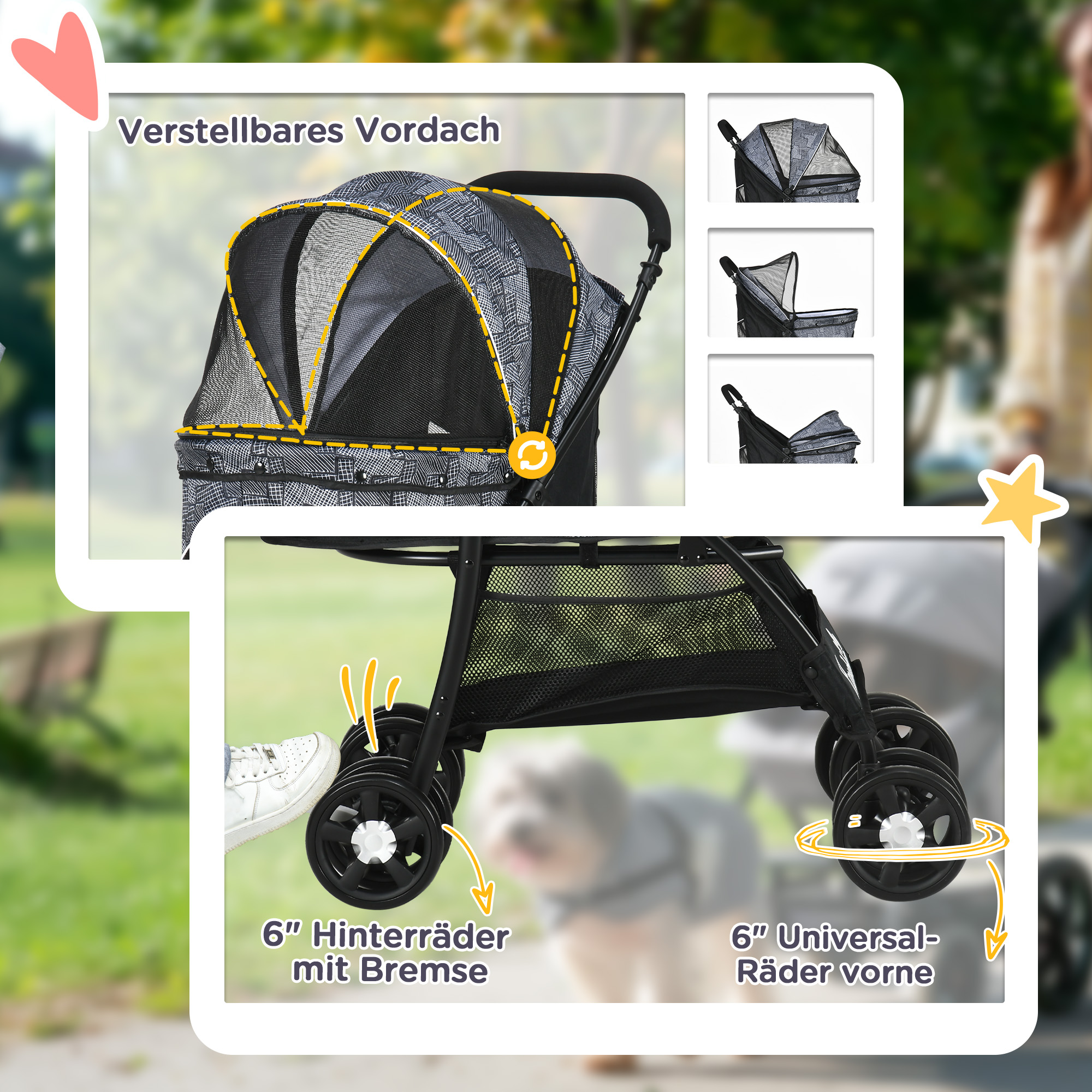 Ein Hunde-Kinderwagen mit verstellbarem Verdeck, Rädern. Zusätzliche Bilder zeigen verschiedene Ansichten.