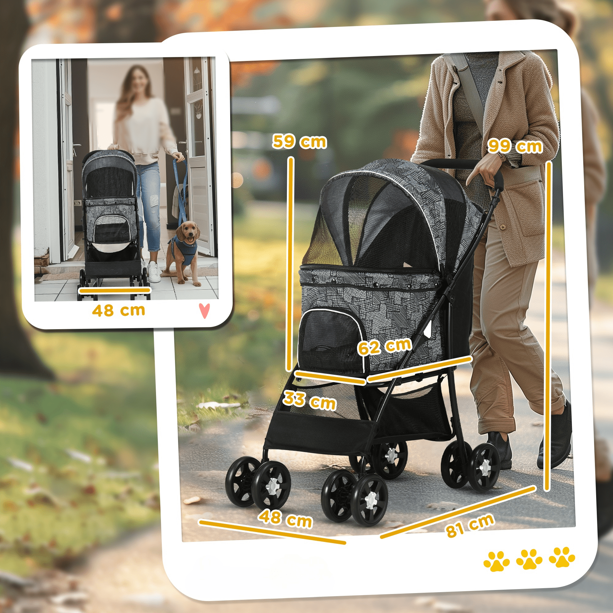 Ein Hunde-Kinderwagen, der von einer Person geschoben wird. Der Wagen hat beschriftete Abmessungen.