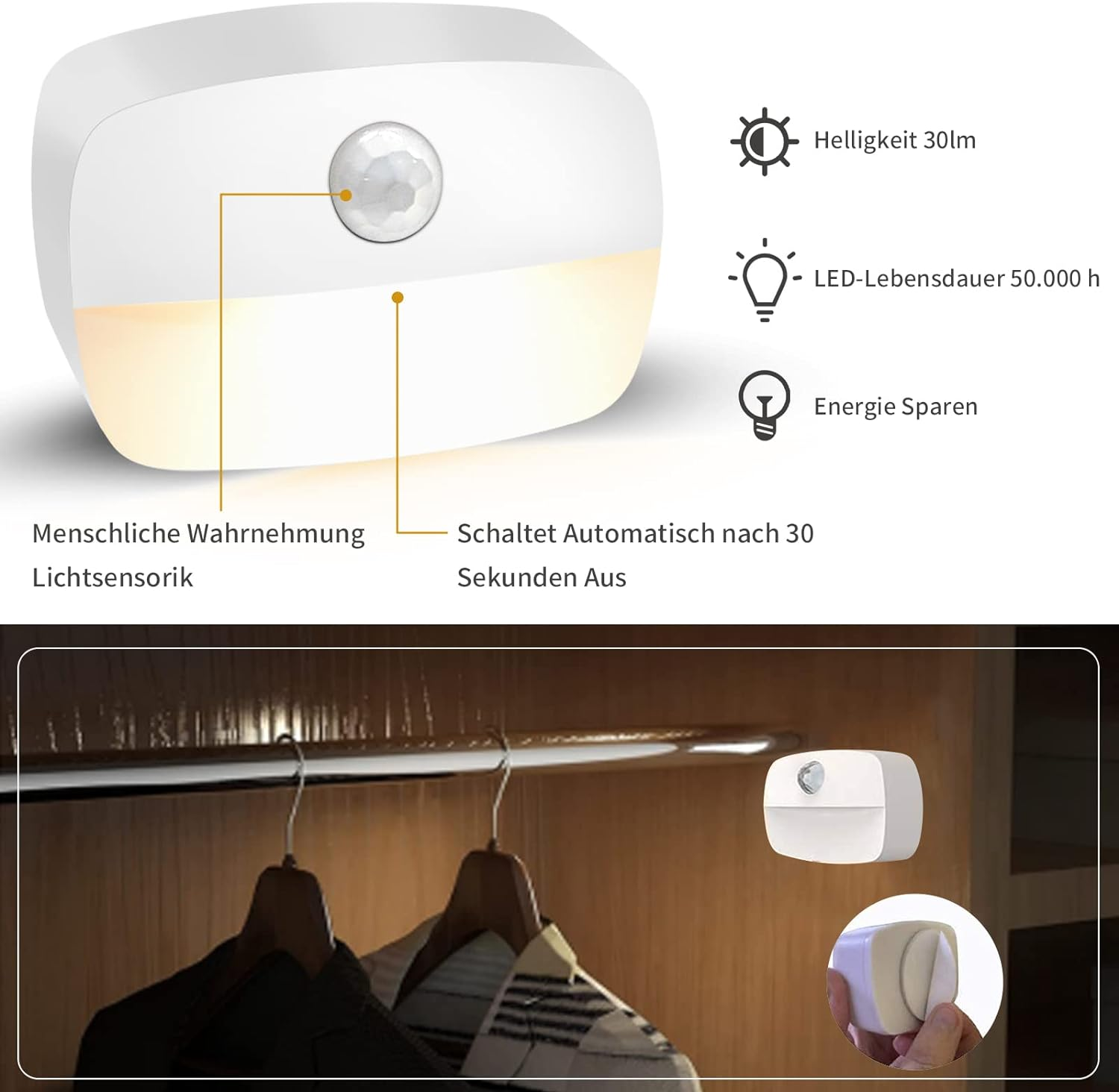 Weißes Bewegungssensorlicht mit Symbolen und Text. Beispiel für die Verwendung von Licht in einem Schrank. Holzaufhänger und Kleidung.