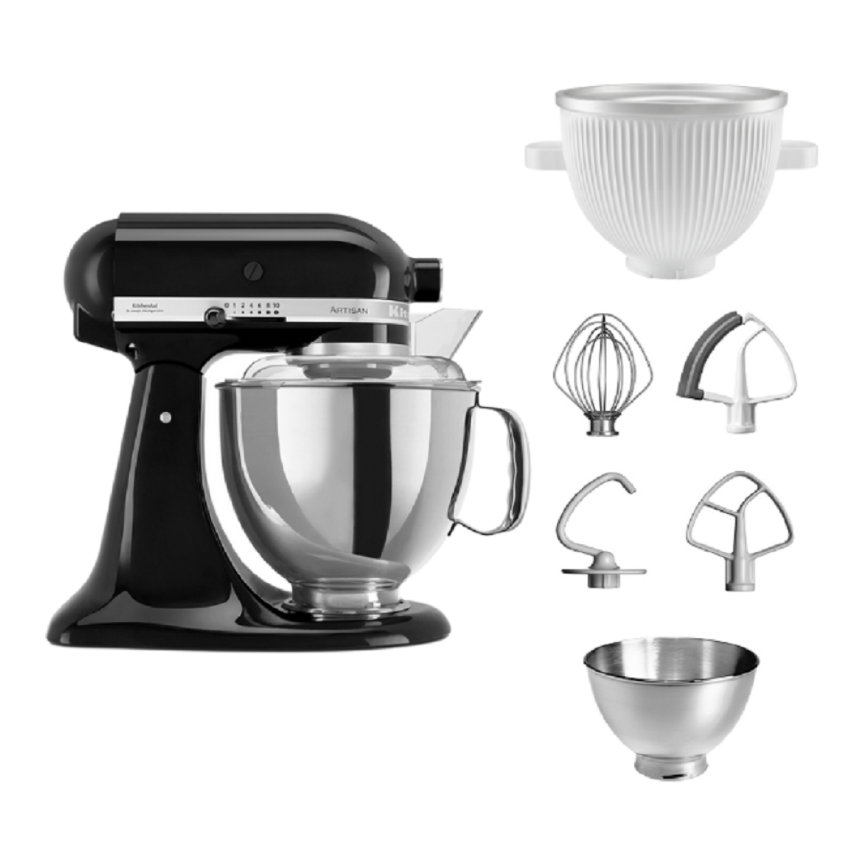 Schwarzer Standmixer und Aufsätze. Enthält Mixer, Schüssel und verschiedene Rührwerkzeuge. Weißer Hintergrund.