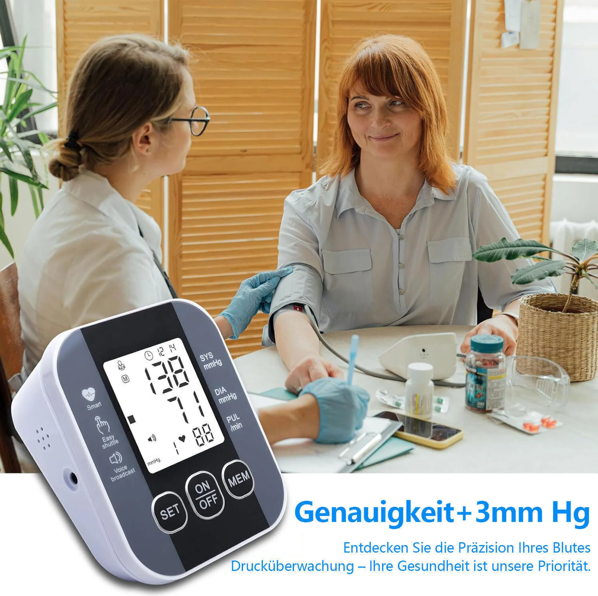 Medizinisches Fachpersonal misst Blutdruck einer Patientin. Monitor zeigt 138/71/88. Fokus auf Genauigkeit.