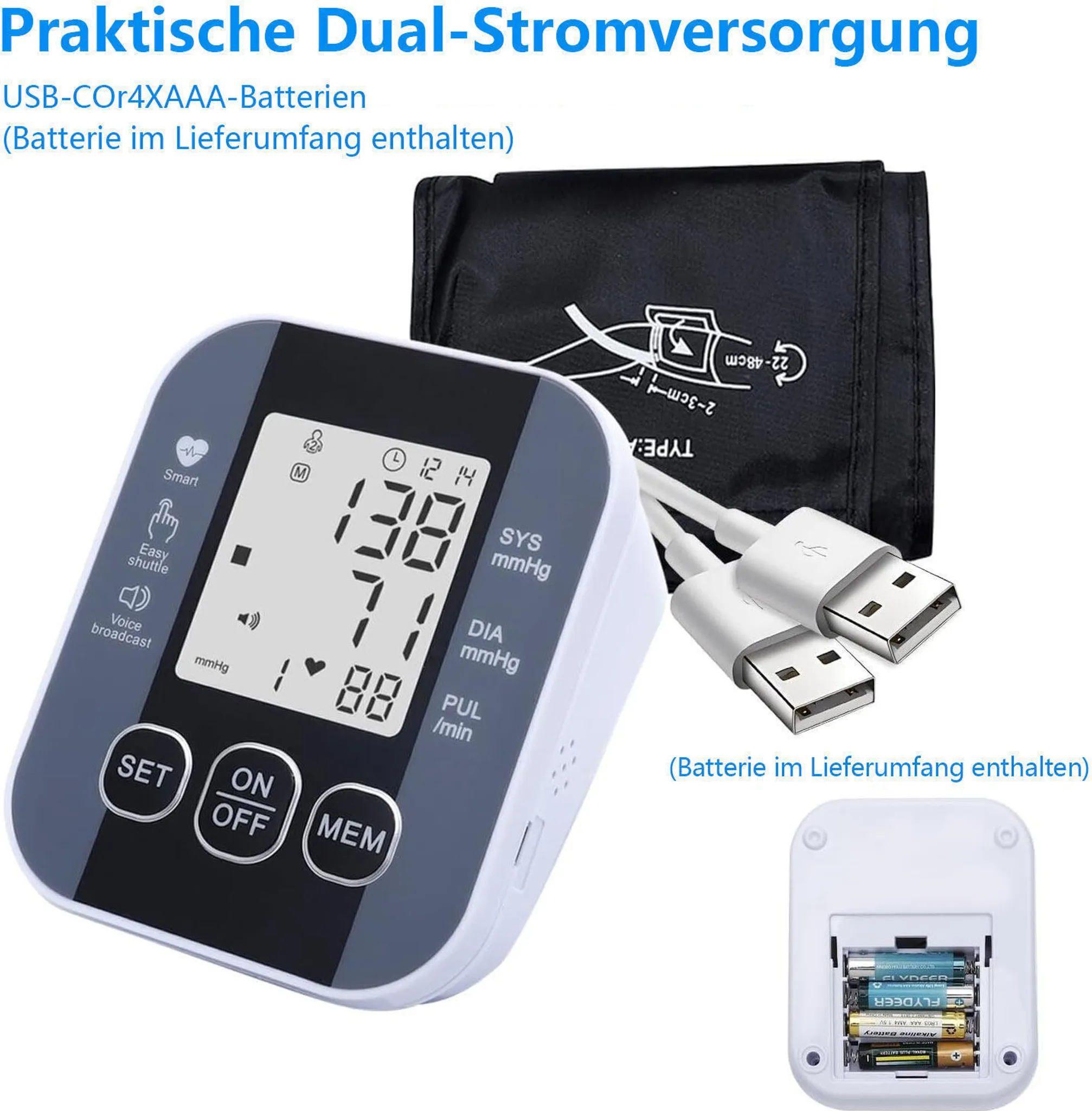 Blutdruckmessgerät mit USB- und Batterieoptionen. Gerät zeigt Messwerte an. Inkl. Manschette und Batterien.