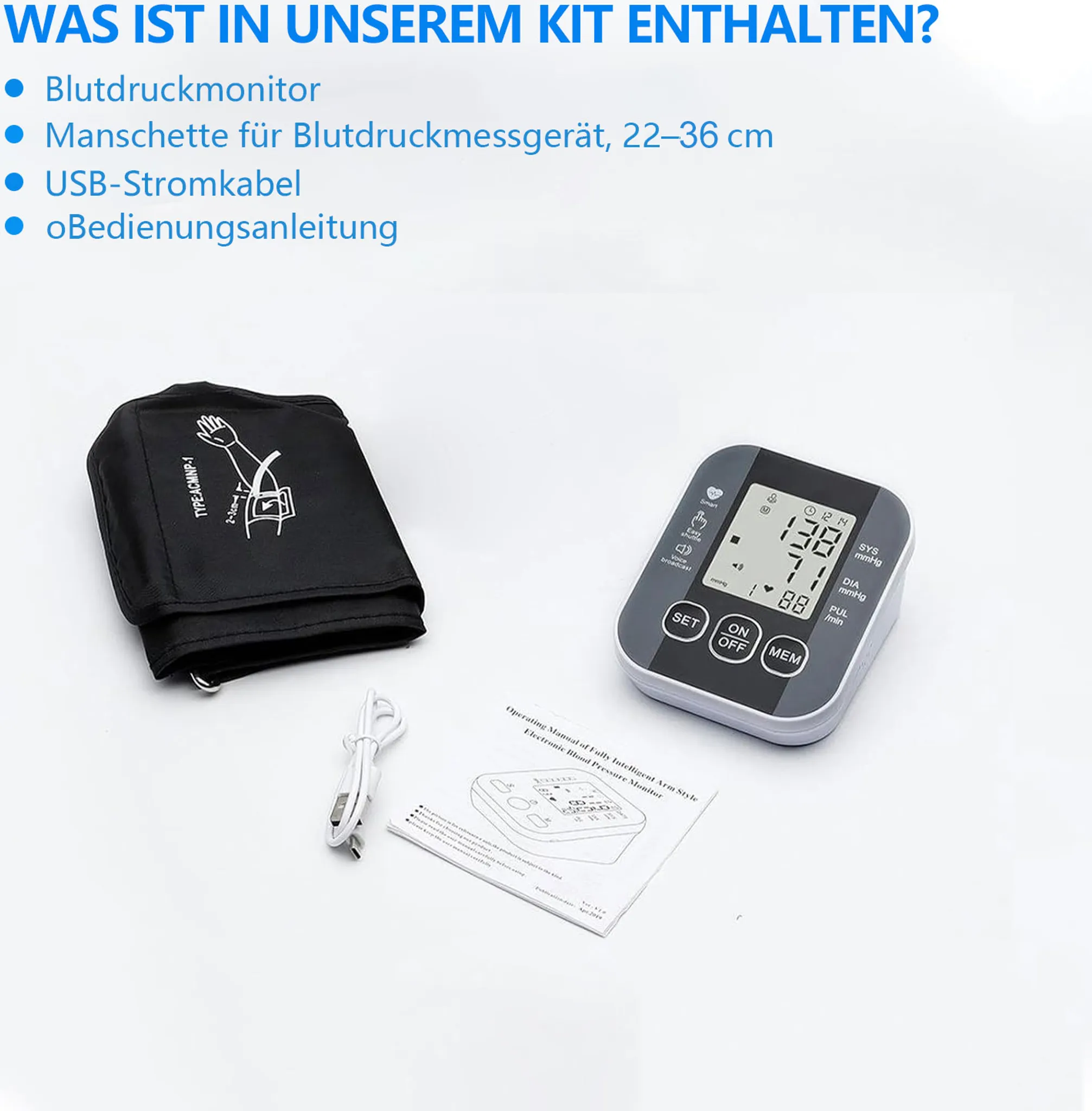 Kit-Inhalt: Blutdruckmessgerät, Manschette, USB-Kabel und Handbuch. Artikel liegen auf weißem Untergrund.