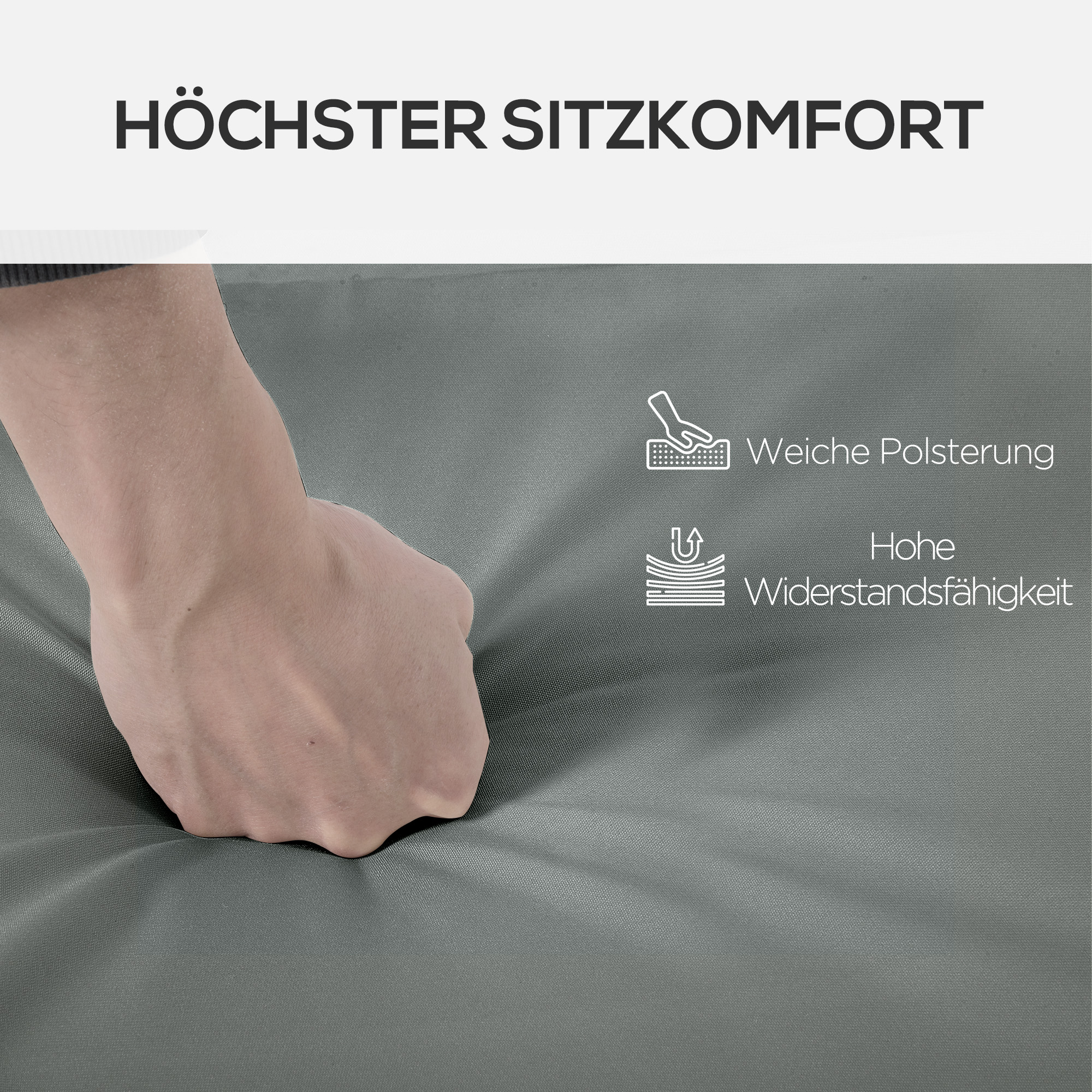 Eine Hand drückt in grauen Stoff. Text: 'Höchster Sitzkomfort'. Icons zeigen Eigenschaften.