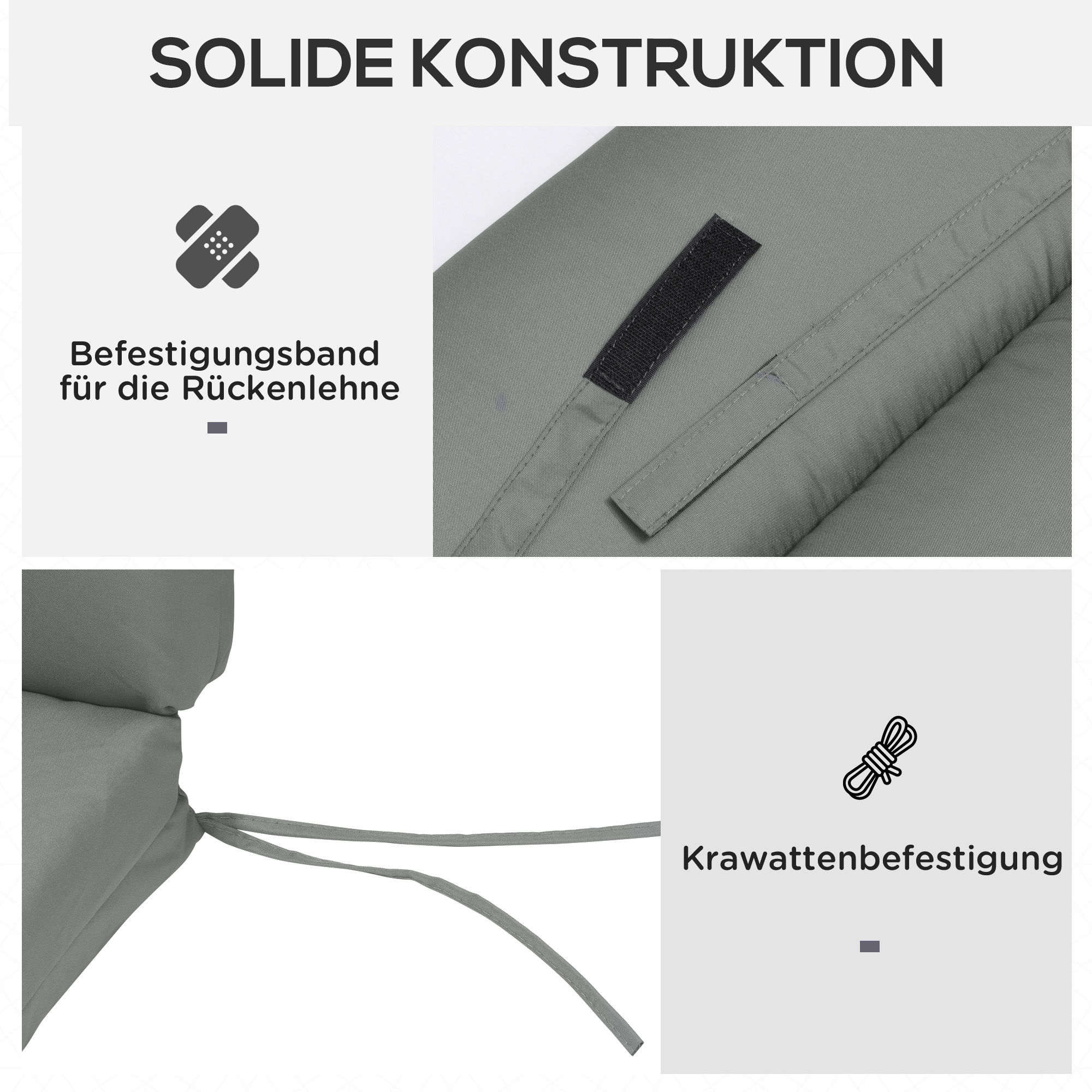 Nahaufnahme des grauen Kissenmaterials mit Fixierbändern und Befestigungsschnurdetails.