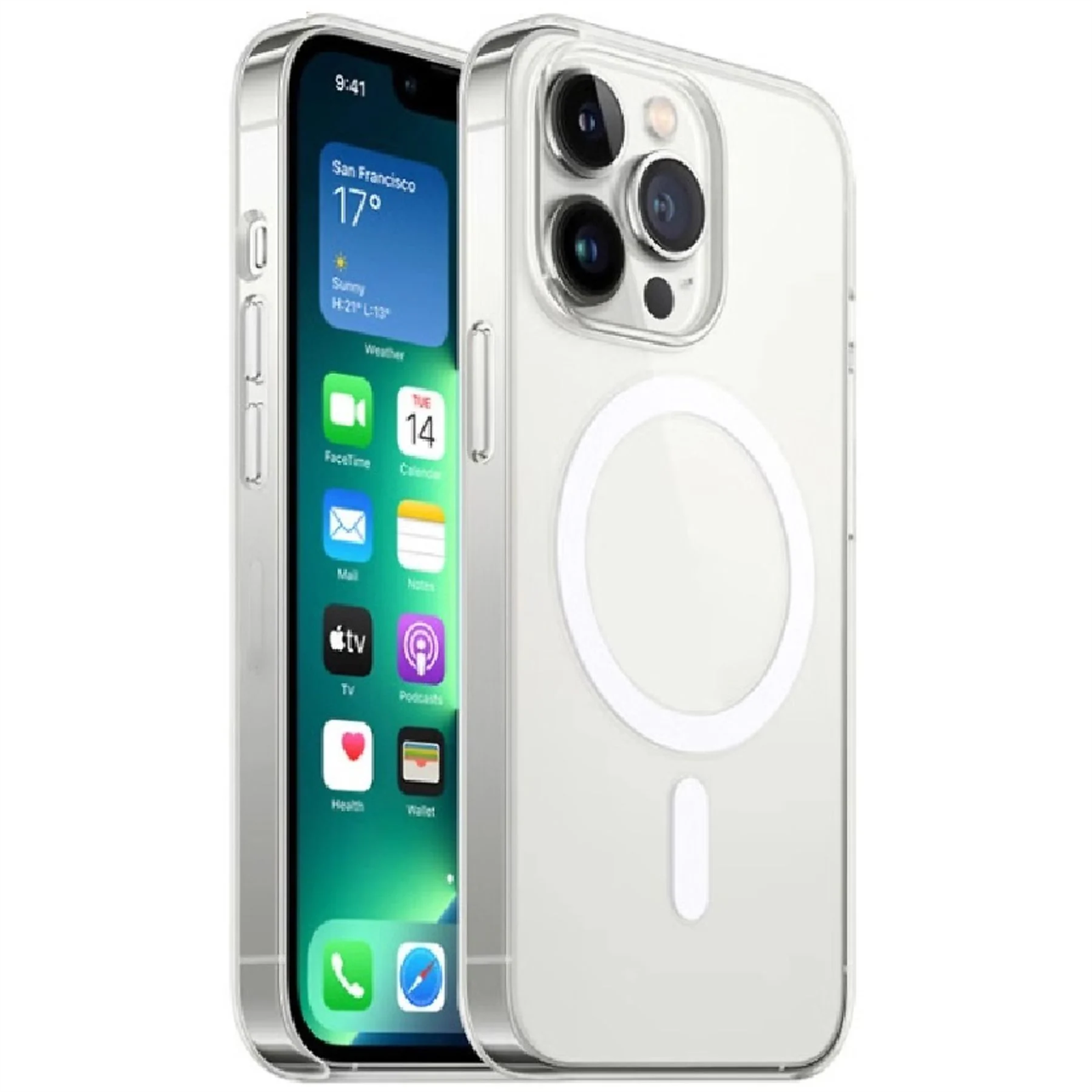 iPhone in einer transparenten Hülle, das den Bildschirm und den MagSafe-Kreis zeigt.