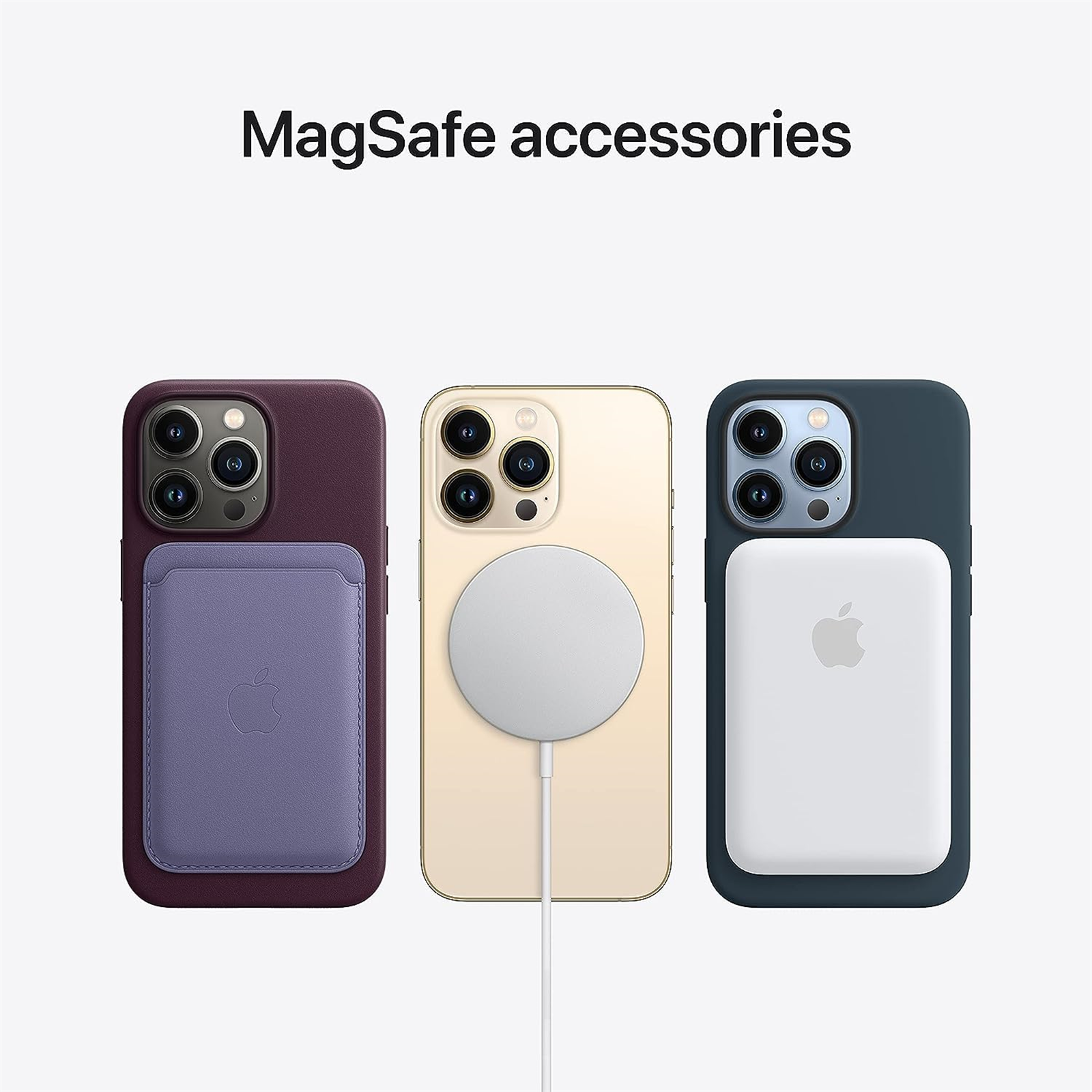 MagSafe-Zubehör: Handyhüllen und ein Ladepad. Lila, Gold und Blau.